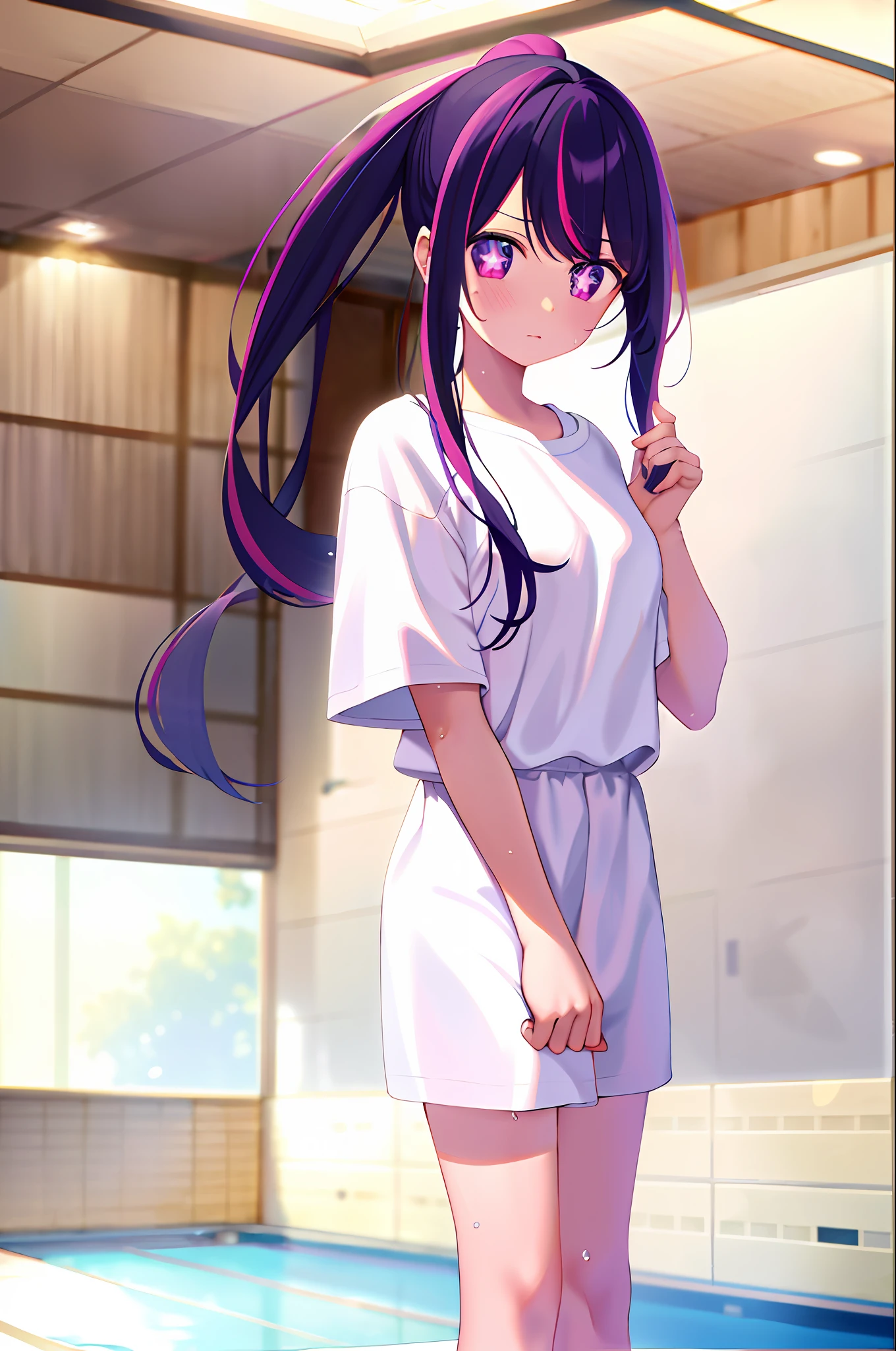 masterpiece, best quality, absurdres, highly detailed, 1girl, Hoshino Ai, long hair, purple hair, streaked hair ,purple eyes, star-shaped pupils, white t-shirt, short shorts, pink towel, towel over shoulder, sweat, ponytail, indoor, gym interior, professional lighting, full body, cowboy shot