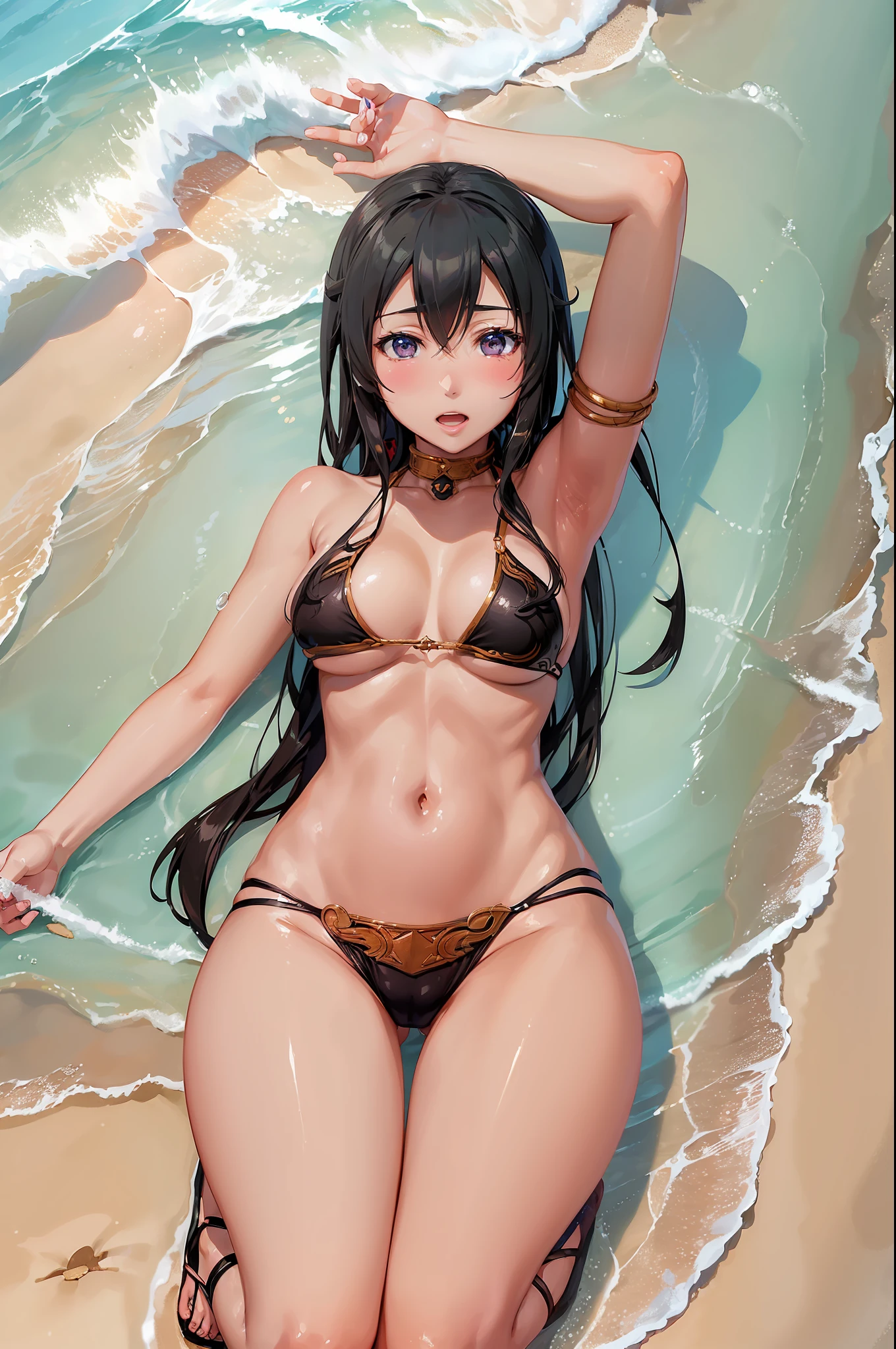 (yukino yukinoshita:1.5), slavekini, beach, sand, clear water, ahegao