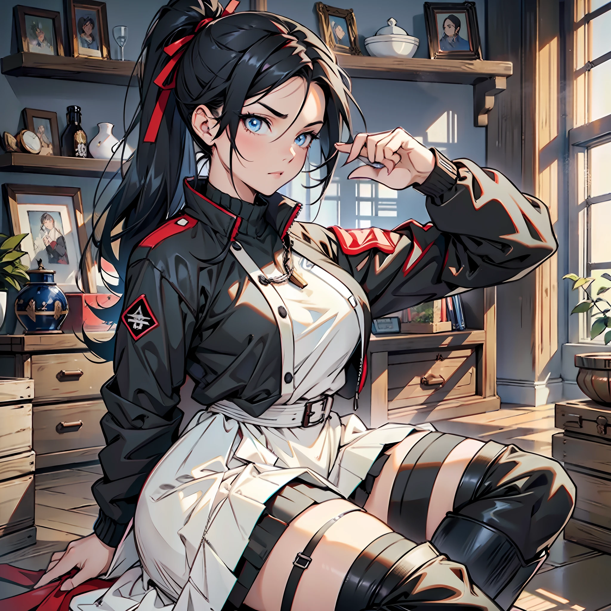 Girl with dark black hair, ponytail, curvy, medium breasts, black windbreaker, red ribbon in hair, blue eyes, white skirt, black colored military boots, serious look, anime, living room, medieval setting.