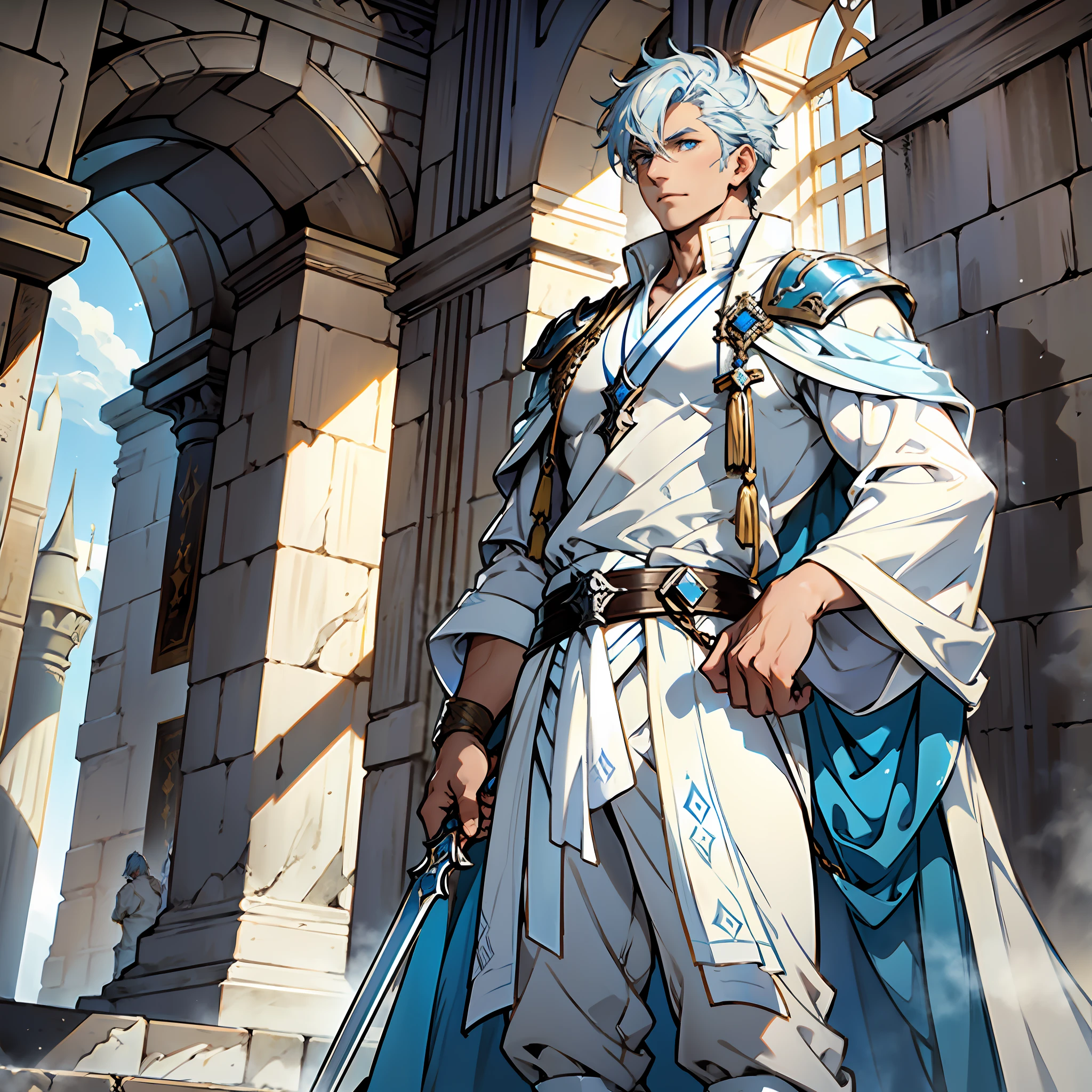 Elegant man, strong physique, white robe, white colored Arabian pants, light blue noble blouse, white boots, messy light blue hair, look of satisfaction, short hair, dark blue colored eyes, noble appearance, holding a silver spear, ancient castle, medieval setting.