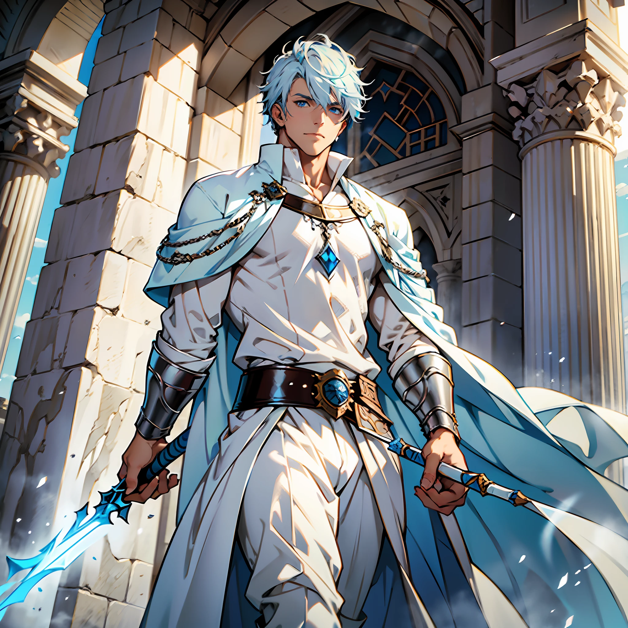 Elegant man, strong physique, white robe, white colored Arabian pants, light blue noble blouse, white boots, messy light blue hair, look of satisfaction, short hair, dark blue colored eyes, noble appearance, holding a silver spear, ancient castle, medieval setting.