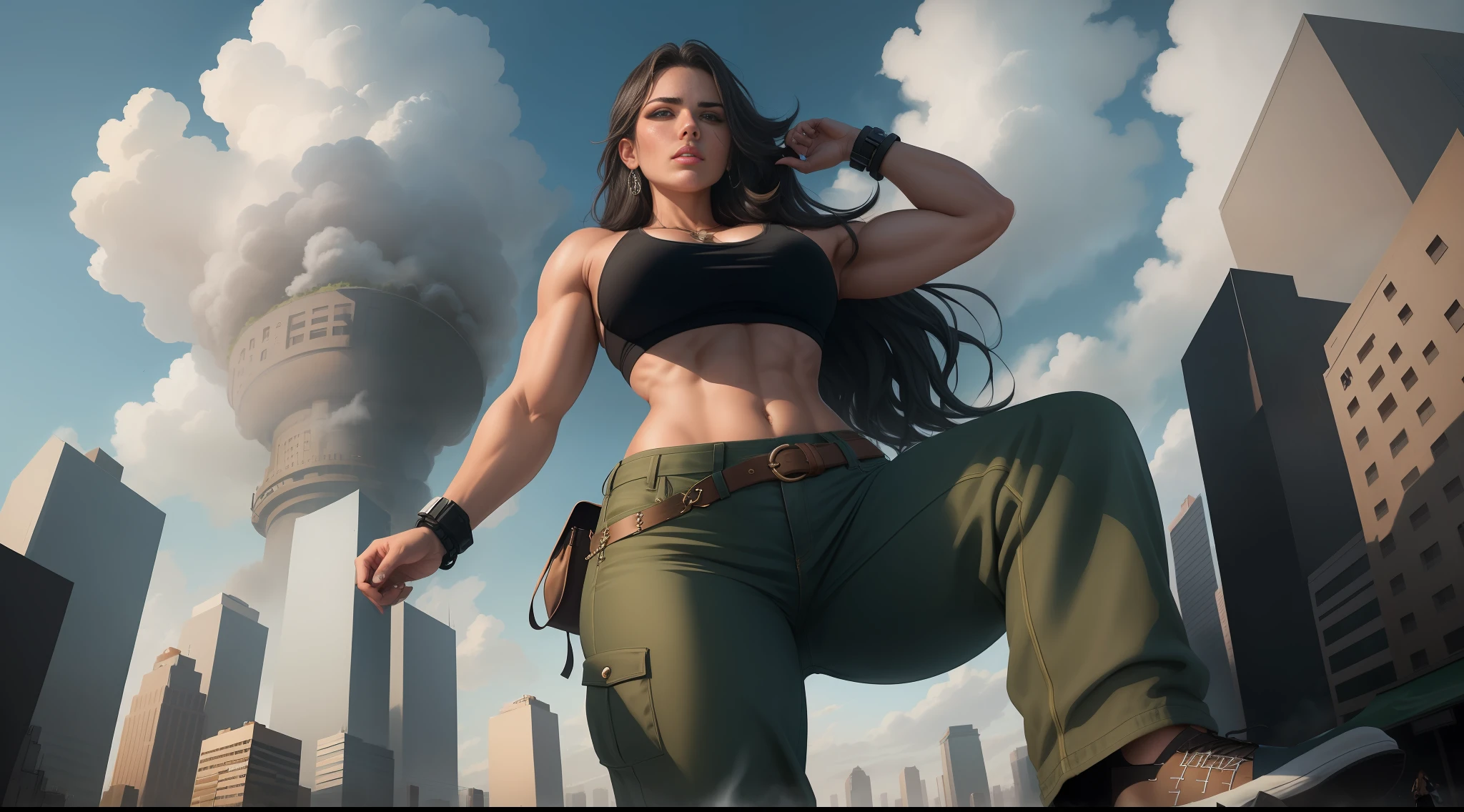 "A towering Giantess in a cool and laid-back hippie style is rocking a crop top and baggy pants. Her toned and athletic build hints at her massive strength. She seems to be casually strolling through the bustling cityscape of GTS City, as towering buildings loom overhead. Smoke and clouds roil around her, adding to the sense of epic scale and drama. The lighting is dark, gloomy, and realistic, creating a tense and ominous atmosphere. The perspective is from below, emphasizing the sheer majesty and power of the Giantess."