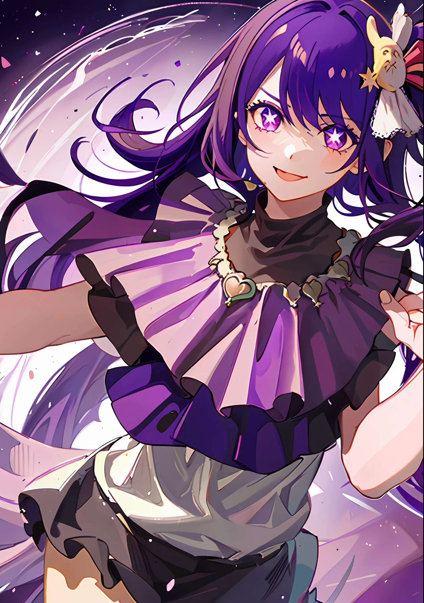 1girl, full body, cowboy shot, (Rembrandt), illustration, (masterpiece), (best quality), (ultra_detailed), finely detail, (Depth of field), gloves, tongue out, tongue, long hair, star \(symbol\), looking at viewer, (purple hair:1.2), purple eyes, upper body, hair ornament, :p, frills, pink shirt, smile, sleeveless, shirt, idol, symbol-shaped pupils, bangs, one side up, star-shaped pupils, dress pull, Roaring Twenties, isometric, from above, sky, flower, cliff