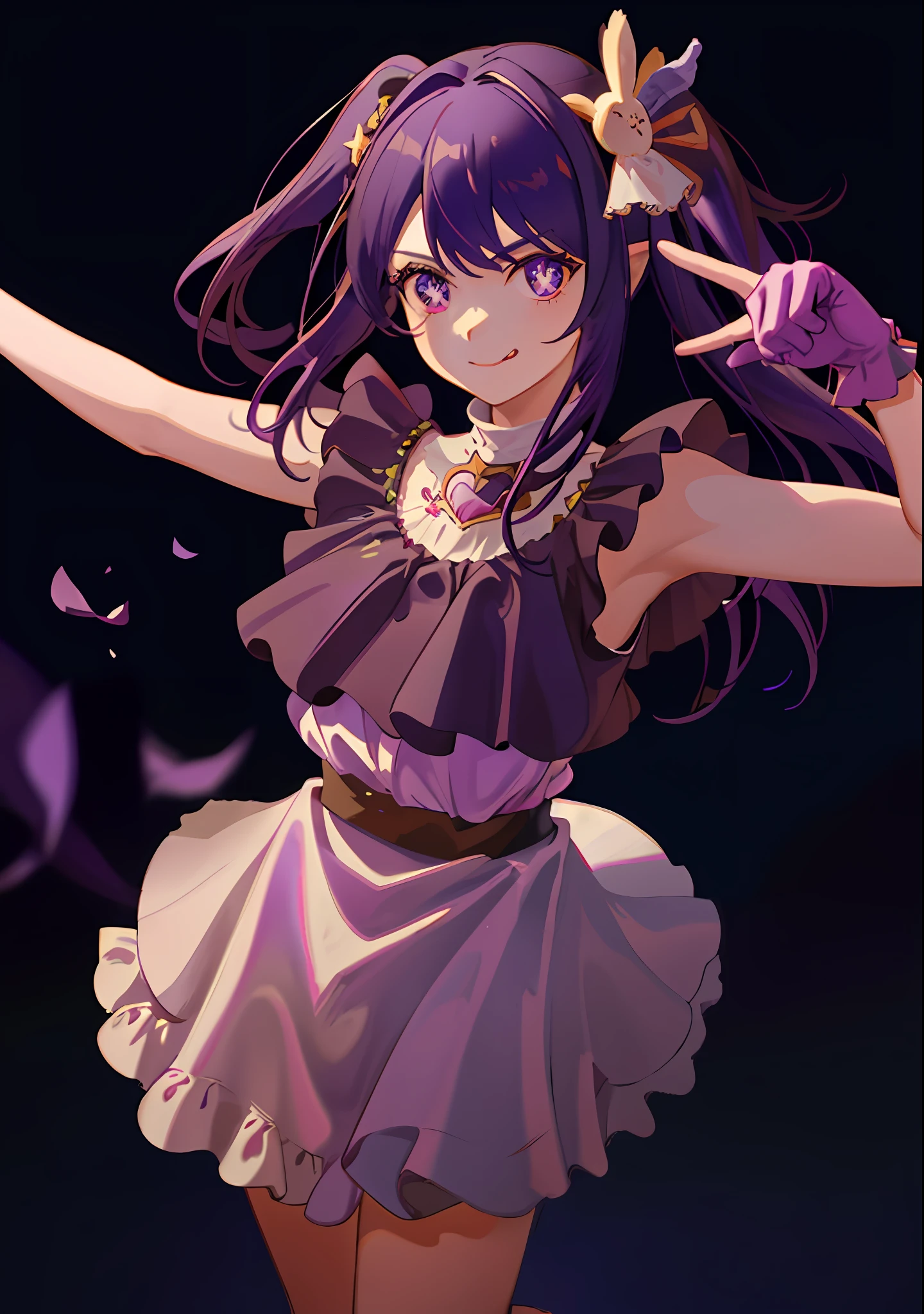 1girl, full body, cowboy shot, (Rembrandt), illustration, (masterpiece), (best quality), (ultra_detailed), finely detail, (Depth of field), gloves, tongue out, tongue, long hair, star \(symbol\), looking at viewer, (purple hair:1.2), purple eyes, upper body, hair ornament, :p, frills, pink shirt, smile, sleeveless, shirt, idol, symbol-shaped pupils, bangs, one side up, star-shaped pupils, dress pull, Roaring Twenties, isometric, from above, sky, flower, cliff