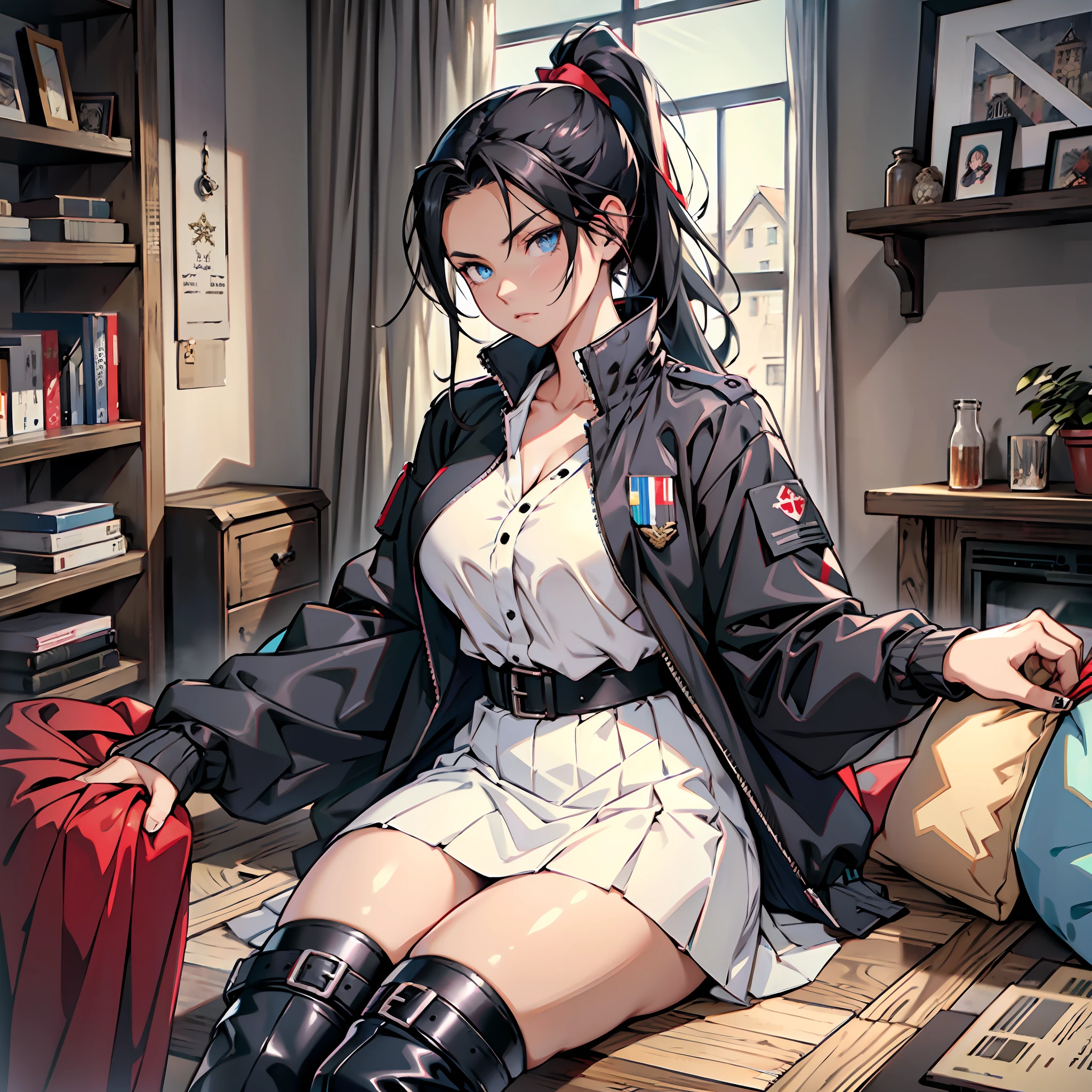 Girl with dark black hair, ponytail, curvy, medium breasts, black windbreaker, red ribbon in hair, blue eyes, white skirt, black colored military boots, serious look, anime, living room, medieval setting.
