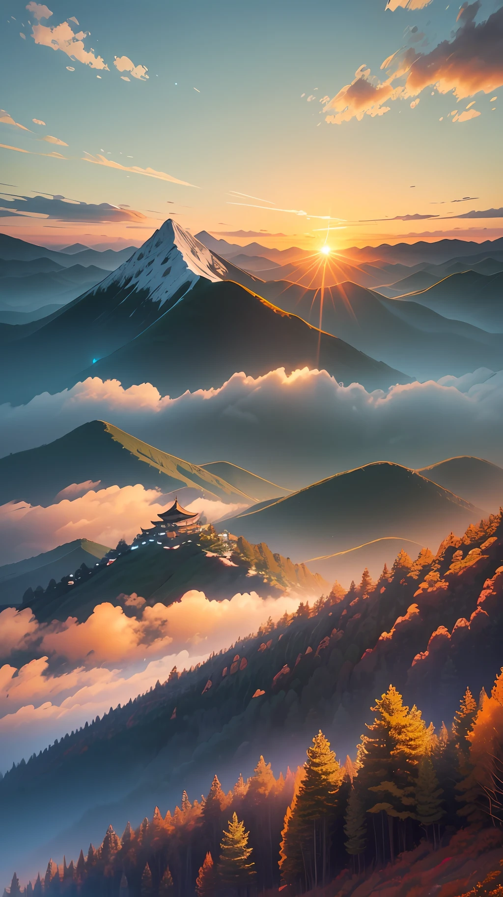 In this AI painting of the sunrise over Wugong Mountain, we see a vibrant and vibrant scene. At the bottom of the picture, the peaks of Wugong Mountain are towering and gently embraced by the night sunset. The top of the mountain is lined with dense trees, and the green gradually awakens in the soft light of the early morning.

In the center of the picture, the sun is slowly rising, and the golden light gradually disperses the night, dyeing the sky a faint orange-red. The sparkle of the sun dots the mountain peaks, and in this beautiful picture, it seems that the emerald green mountain forest and the golden sun are competing with each other.

In the upper part of the picture, the sky gradually shows a fading dreamy blue, and the clouds float in the air like a light gauze curtain, together with the gradually rising golden sun, giving the whole picture a layer of mysterious color.

In this picture of the sunrise over Wugong Mountain, the beauty of nature and the mystery of the morning sun are perfectly combined, bringing endless reverie to the viewer. From darkness to dawn, the sunrise over Wugong Mountain is like a poetic painting, immersing people in the wonderful scenery. --auto --s2