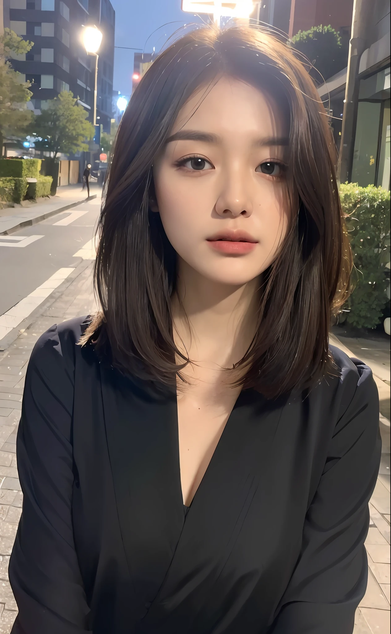 ((Best Quality, 8K, Masterpiece:1.3)), Focus:1.2, Perfect Body Beauty:1.4, Buttocks:1.2, (Layered Haircut:1.2)), (Night, Street:1.3), Highly detailed face and skin texture, Fine eyes, Double eyelids, Whitened skin, Long hair, (Round face: 1.5), Uniform
