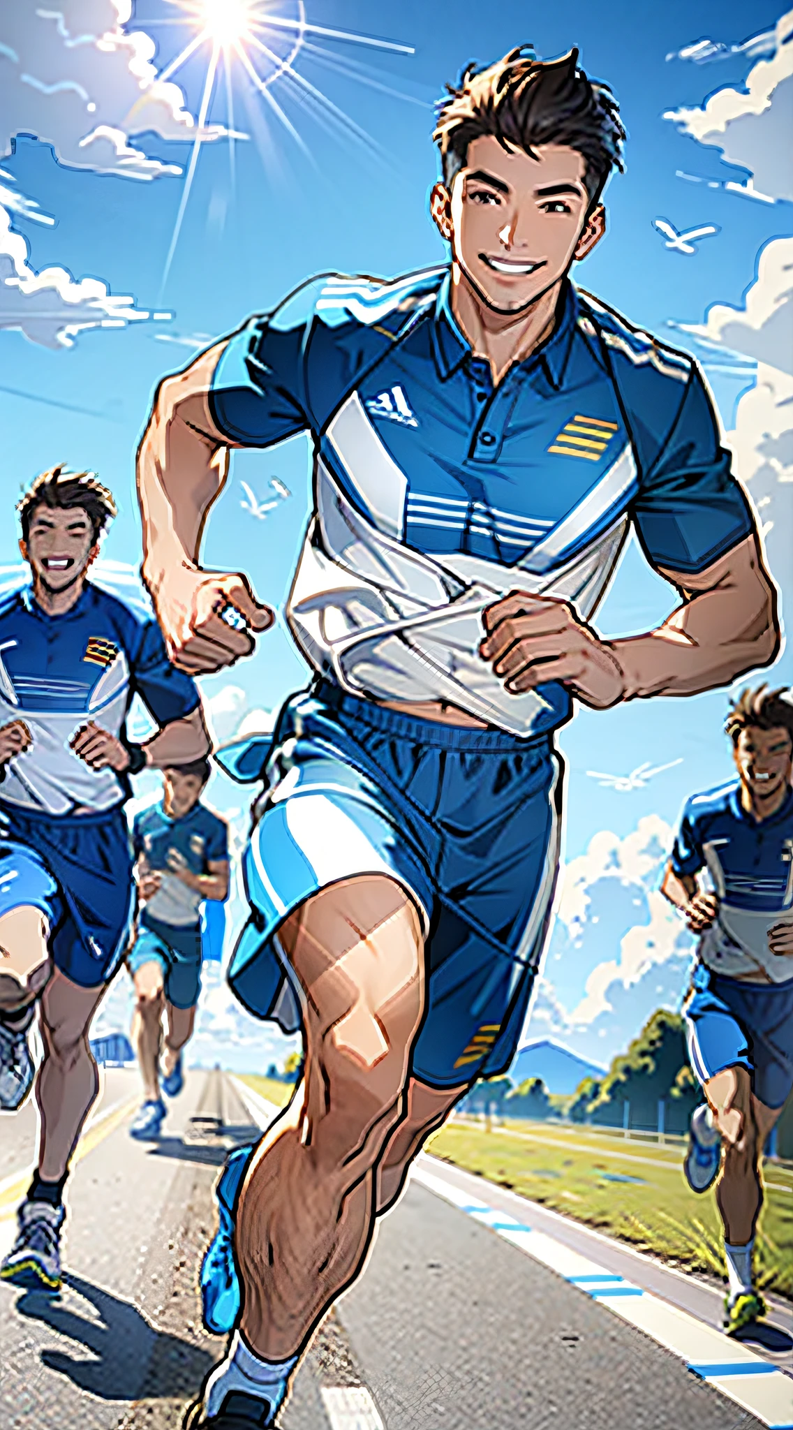 Masterpiece, extremely high detail, (best quality: 1.2), realistic, realistic, ultra-detailed, ray tracing, high resolution, sharp focus, 8k, vibrant, intricate, sharpness and clarity, realistic, marathon, young men, smiling, smiling running, 4 young men running, sportswear, clouds, sun, clean blue sky,