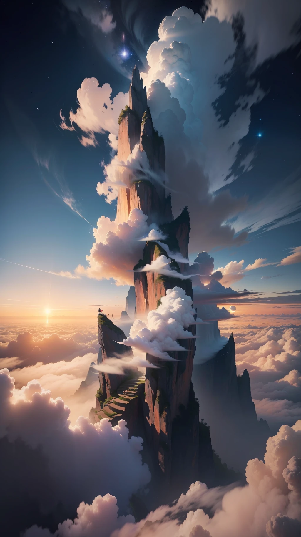The peak of Wugong Mountain is steep, and the morning sun is first appearing, welcoming the brilliant sunrise. The sea of clouds clouds clouds obscures the sky, like a natural tapestry. The five-star flag hangs high above the sea of clouds, and the stars are shining, like a shimmering pearl in the sky, shining and looming. As the flag dances, the stars fall on the sea of clouds, like a spectacle in a fairyland. This picture, beautiful and mysterious, gives people endless reverie and dreamy feeling. --auto --s2