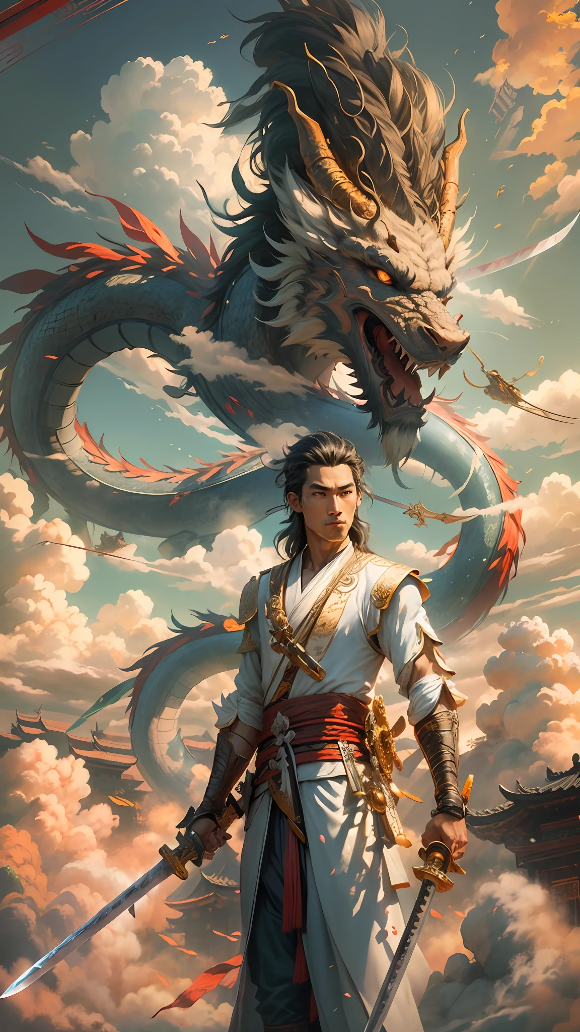 UHD,masterpiece,award winning,best quality,highres,8k,high details,(A man:1.6),Perfect face,long black hair,Chinese ancient hair accessories,blonde hair accessories,(Face the lens:1.4),(Handheld sword:1.5),Hand-held scabbard,ancient chinese robes,Martial arts,outlaw star,bougu,jump up,There's a dragon behind,Chinese Dragon,Patron saint,The background is mountains and trees,Mountain,Pavilion,pine tree,Bright Sky,white cloud,a cloudy sky,loong,,ancient oriental architecture,ancient chinese architecture,