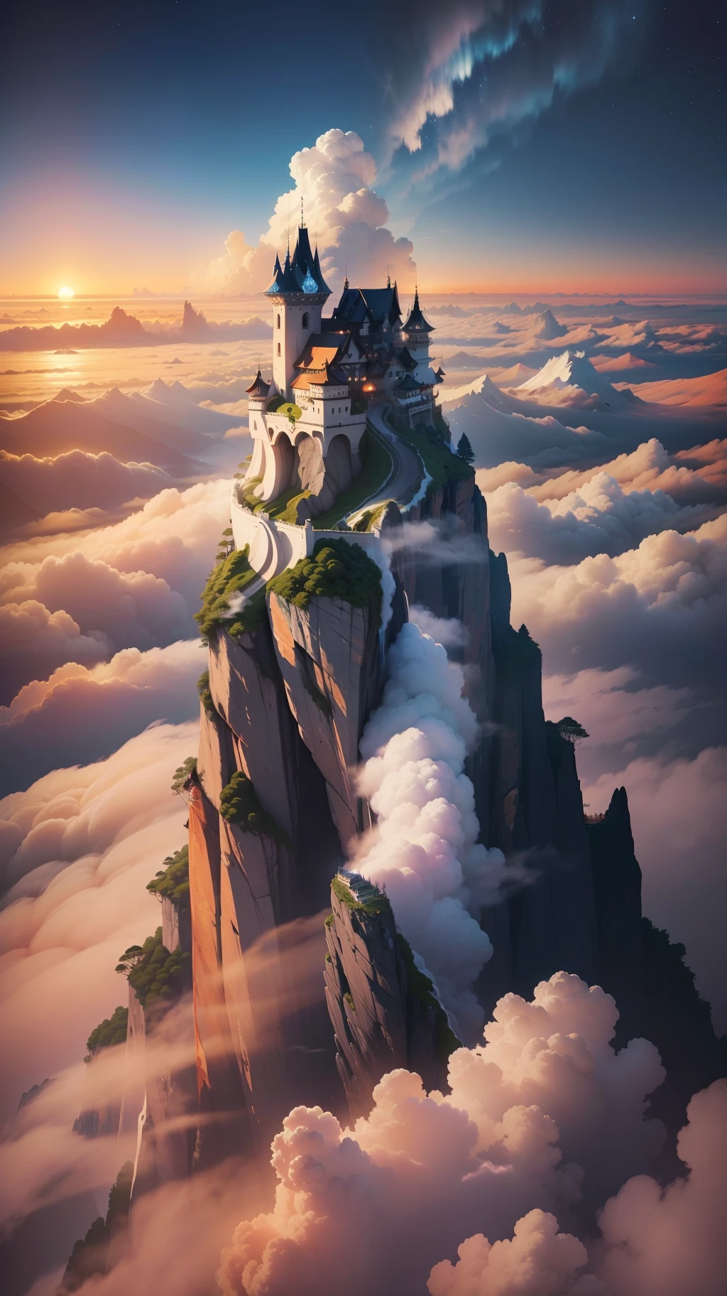 The peak of Wugong Mountain is steep, and the morning sun is first appearing, welcoming the brilliant sunrise. The sea of clouds clouds clouds obscures the sky, like a natural tapestry. The five-star flag hangs high above the sea of clouds, and the stars are shining, like a shimmering pearl in the sky, shining and looming. As the flag dances, the stars fall on the sea of clouds, like a spectacle in a fairyland. This picture, beautiful and mysterious, gives people endless reverie and dreamy feeling. --auto --s2