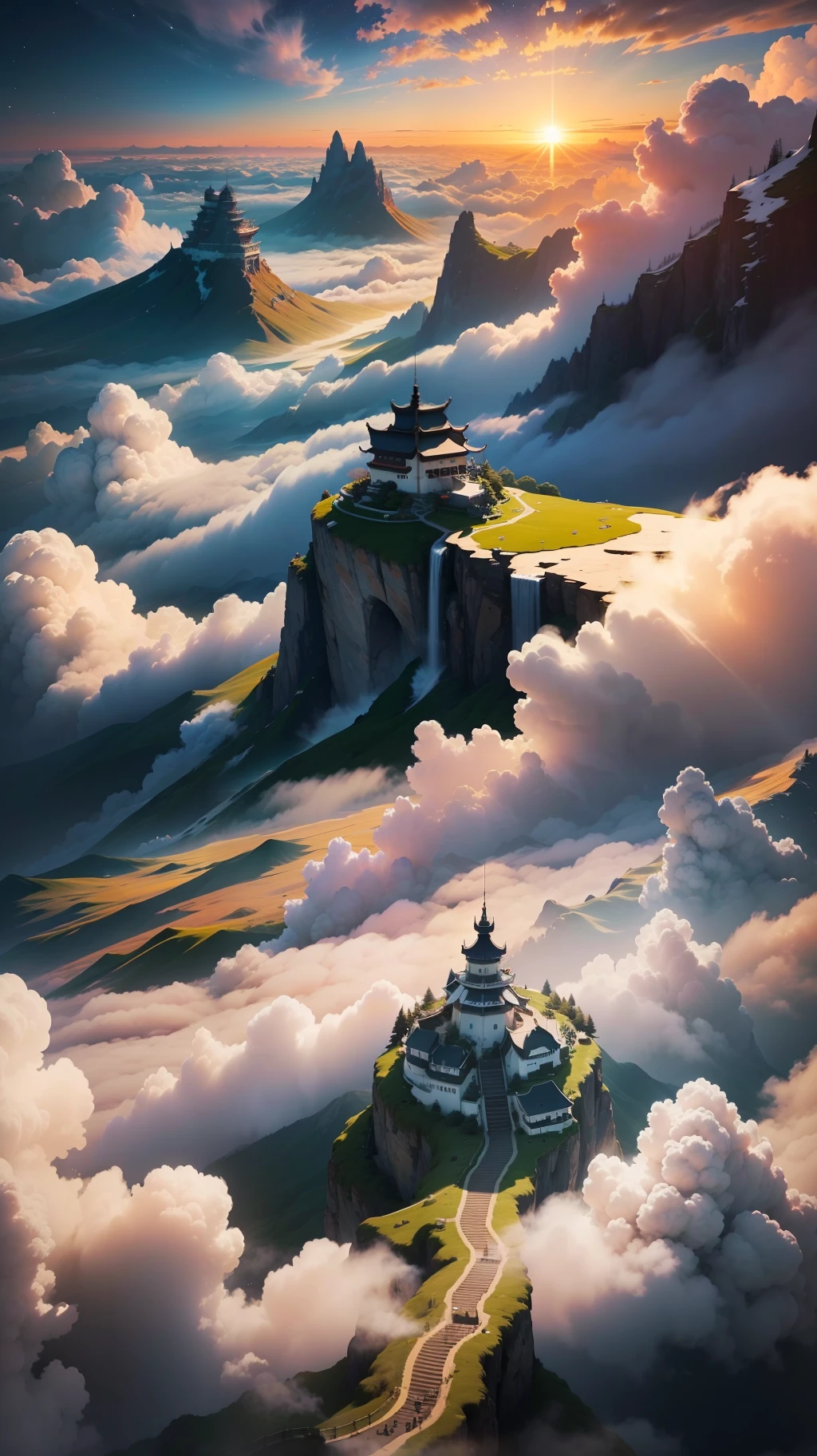 The peak of Wugong Mountain is steep, and the morning sun is first appearing, welcoming the brilliant sunrise. The sea of clouds clouds clouds obscures the sky, like a natural tapestry. The five-star flag hangs high above the sea of clouds, and the stars are shining, like a shimmering pearl in the sky, shining and looming. As the flag dances, the stars fall on the sea of clouds, like a spectacle in a fairyland. This picture, beautiful and mysterious, gives people endless reverie and dreamy feeling. --auto --s2