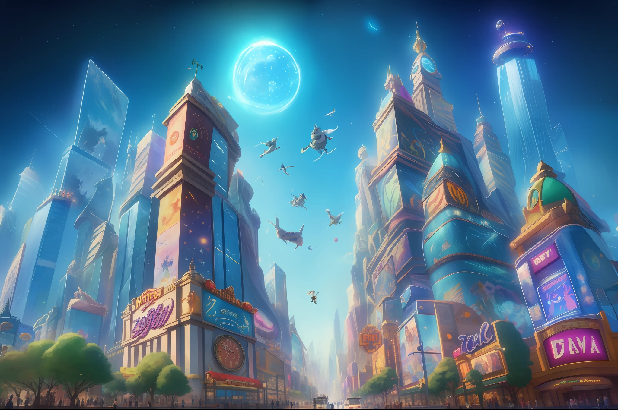 Game scenes, bustling cities, high-rise buildings, casinos, slots, outdoor scenes, starry sky, zootopia style, animated movie scenes, Disney, Pixar, concept art, surrealism, cinematic lighting, when it starts, UHD, high quality, masterpiece