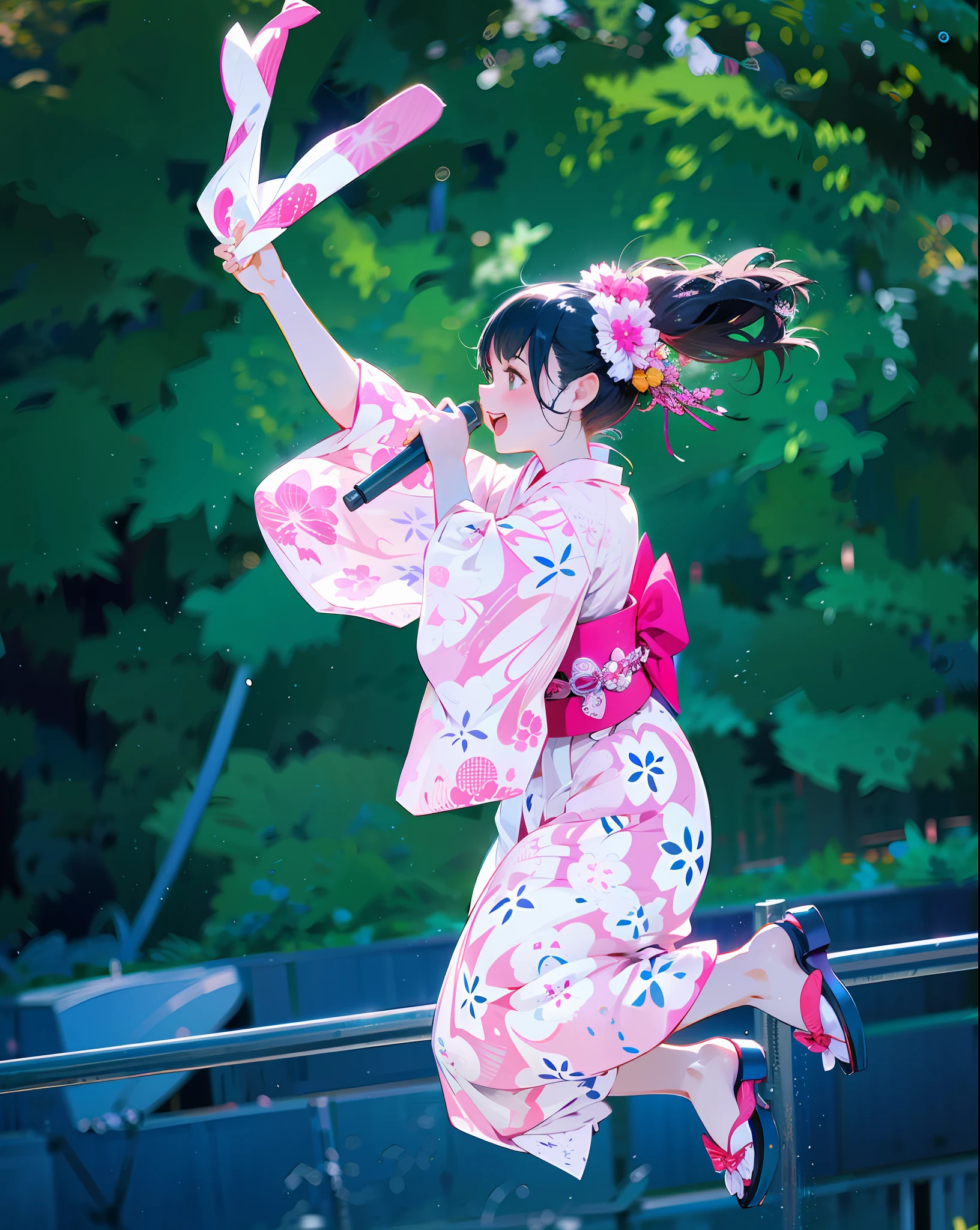 Pretty girl in pink yukata jumps into the air with microphone, yukata, Japan kimono, pink yukata, wearing yukata, wearing kimono, wearing colorful yukata, Japan woman, traditional Japanese, anime style mixed with Fujifilm, Japan style, holding microphone in left hand, holding towel in right hand, looking diagonally forward