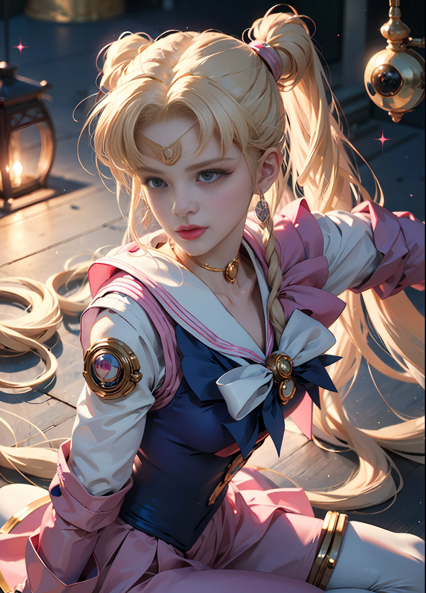 ((Masterpiece)), (Best Quality), (Ultra Detailed), ((Very Detailed)), 4K, (8K), Sailor Moon, Long Blonde Hair, Double Ponytail, Sailor Moon Aesthetics, Dream Core,
