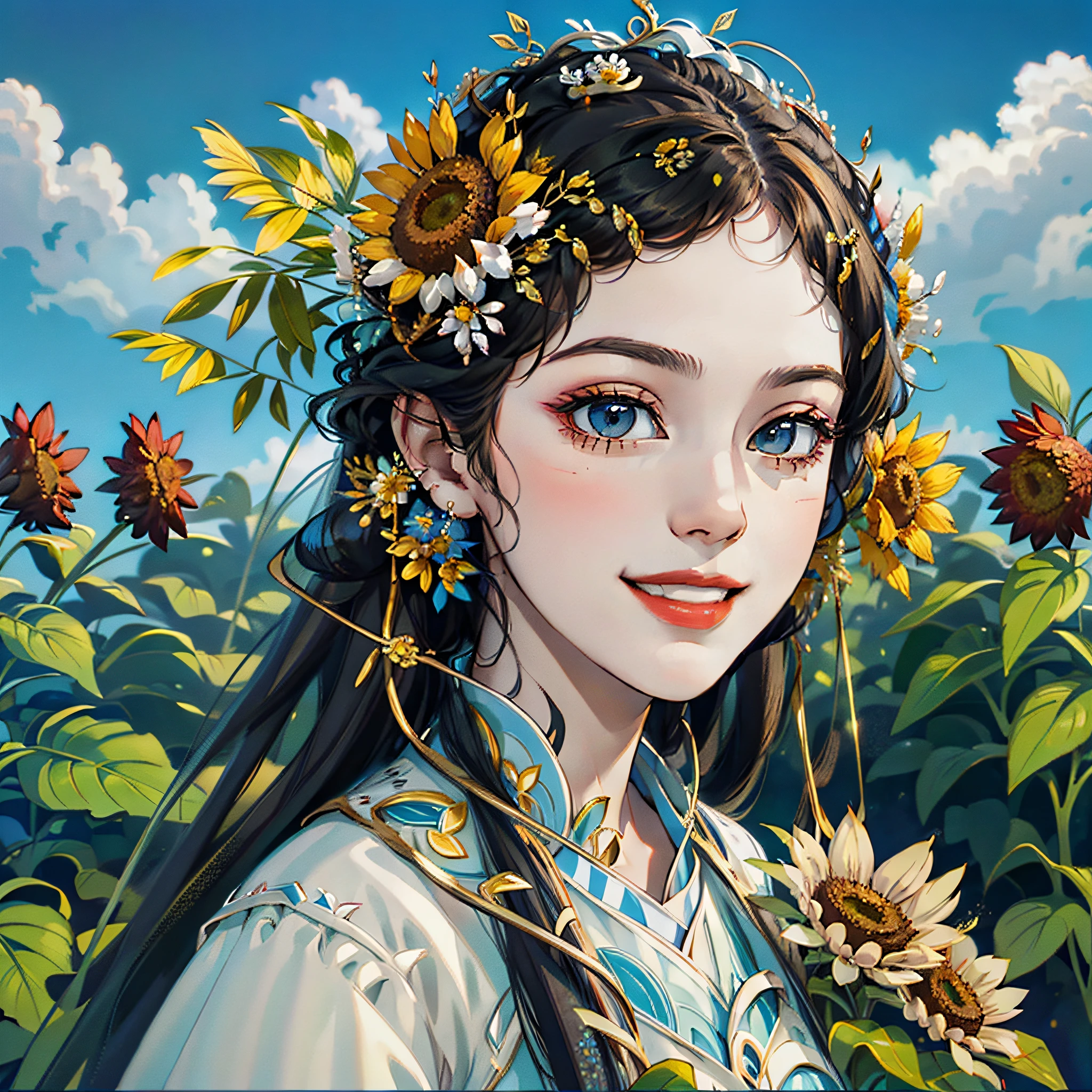 A beautiful girl, standing in a sunflower field, looking at the sky, wearing a long white (white) dress with flowers on her head, 4K high quality, fantasy, face details, smile --auto --s2