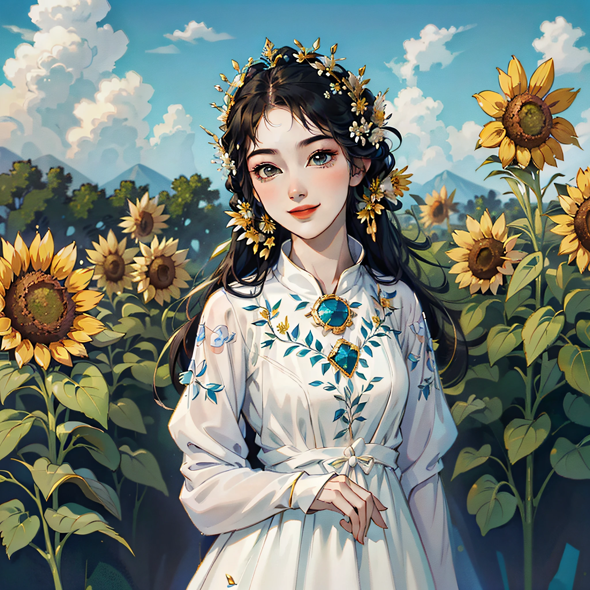 A beautiful girl, standing in a sunflower field, looking at the sky, wearing a long white (white) dress with flowers on her head, 4K high quality, fantasy, face details, smile --auto --s2