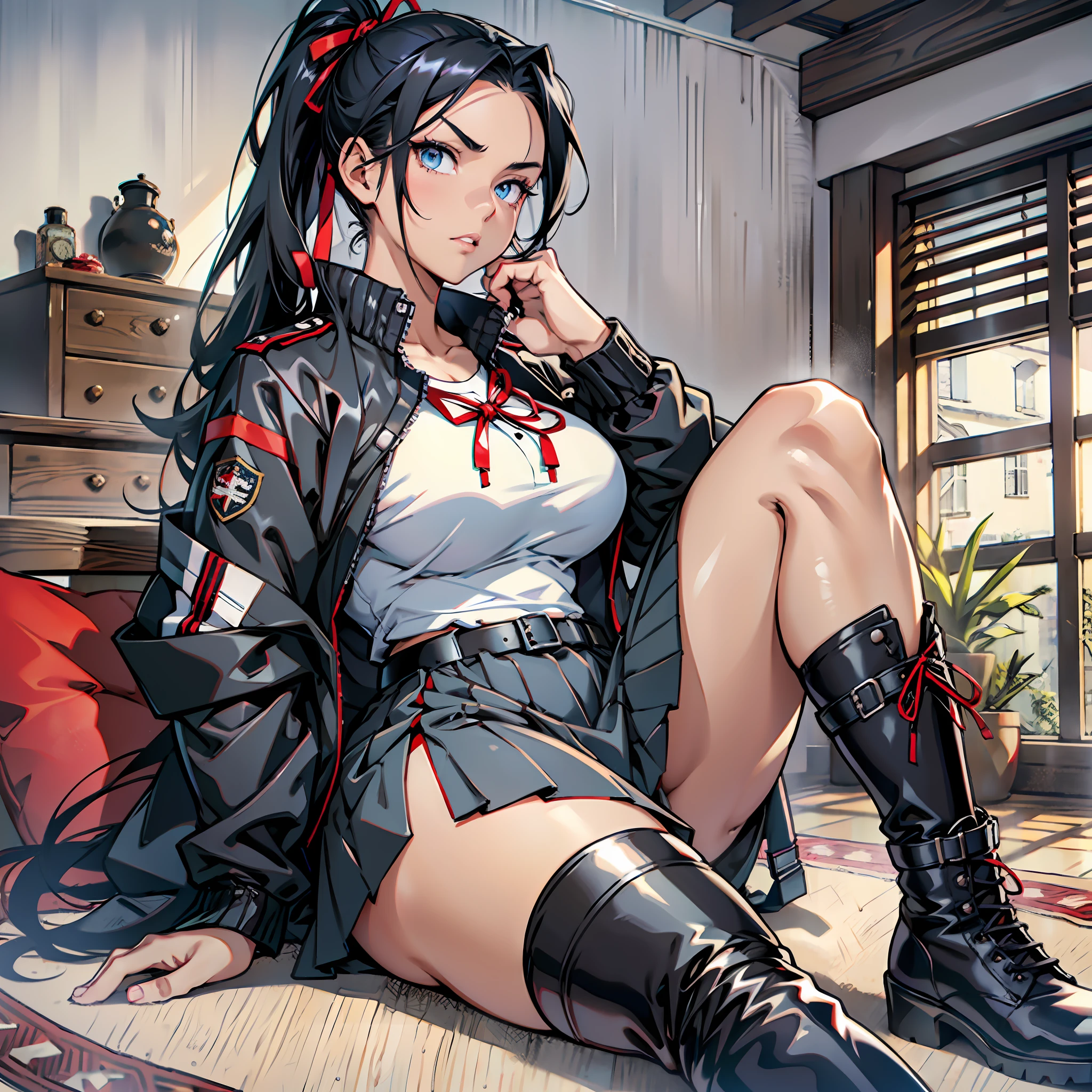 Girl with dark black hair, ponytail, curvy, medium breasts, black windbreaker, red ribbon in hair, blue eyes, white skirt, black colored military boots, serious look, anime, living room, medieval setting.