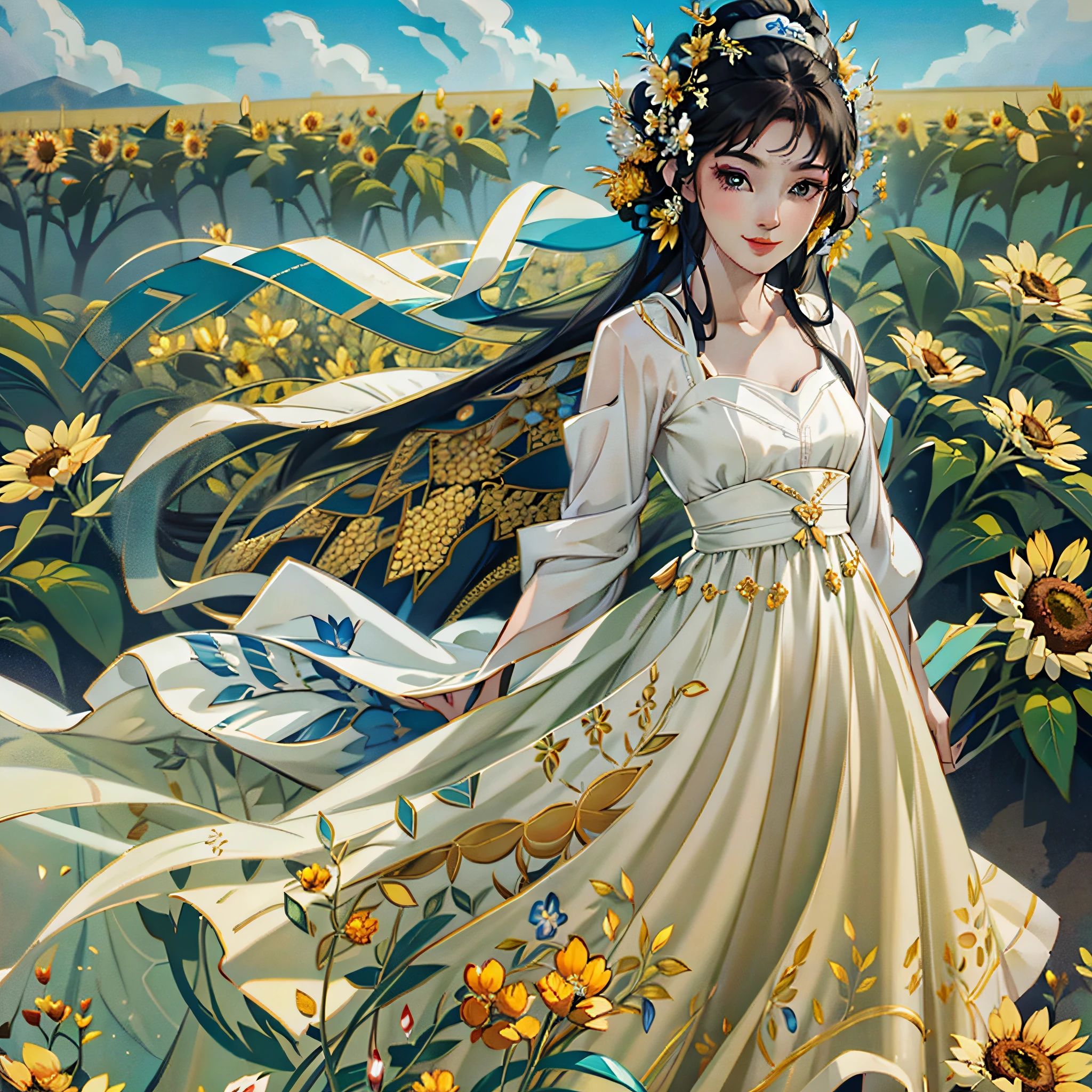 A beautiful girl, standing in a sunflower field, looking at the sky, wearing a long white (white) dress with flowers on her head, 4K high quality, fantasy, face details, smile --auto --s2