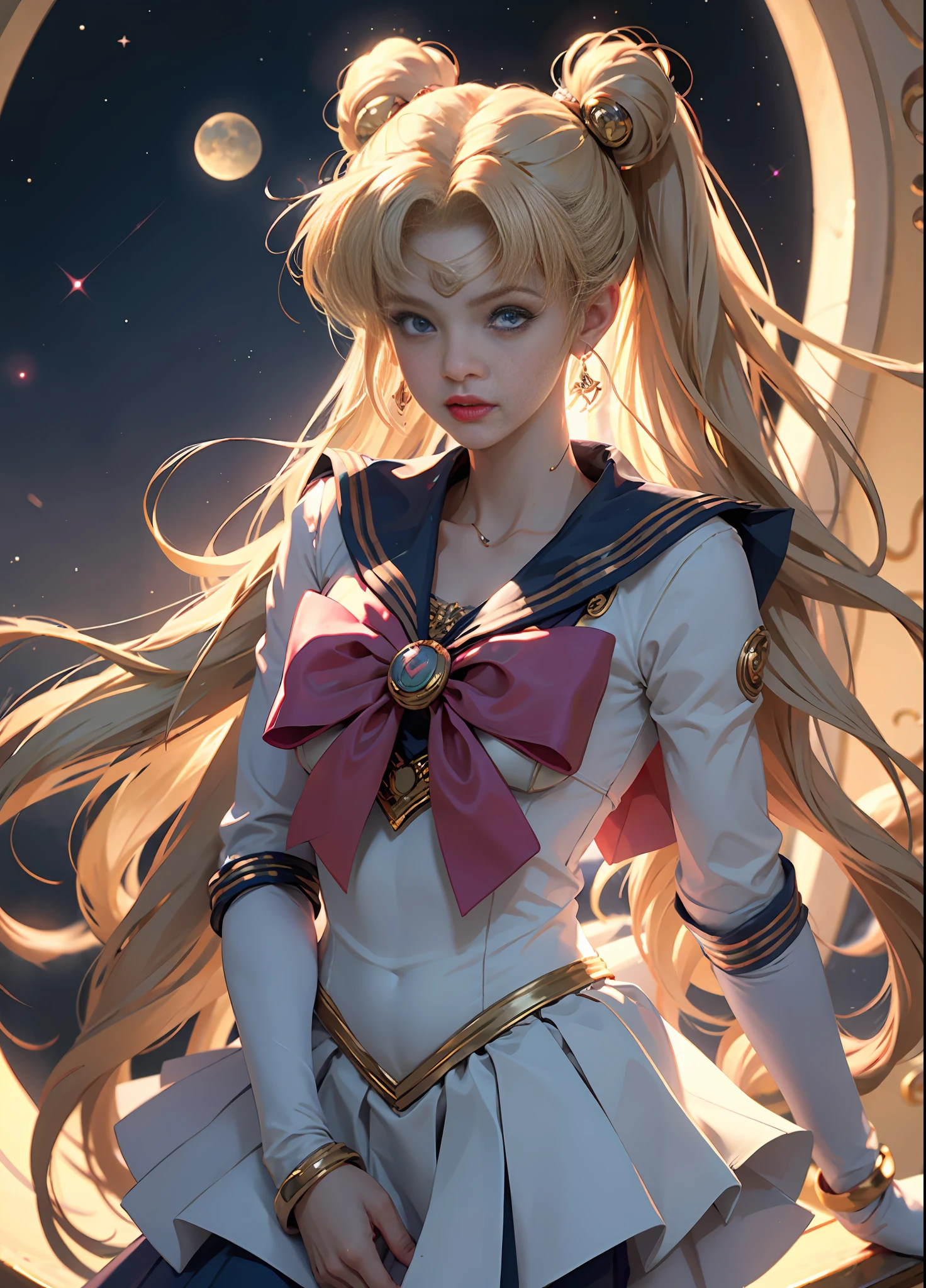 ((Masterpiece)), (Best Quality), (Ultra Detailed), ((Very Detailed)), 4K, (8K), Sailor Moon, Long Blonde Hair, Double Ponytail, Sailor Moon Aesthetics, Dream Core,