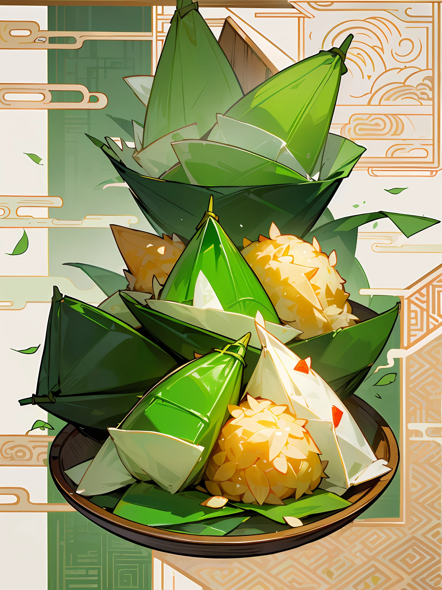 (Chinese triangles food poster), ((triangles food)), (Wrapped glutinous rice with green leaves triangular Zongzi),Food steamer made of bamboo,Express the relationship between objects,Triangular composition,Bright green hue