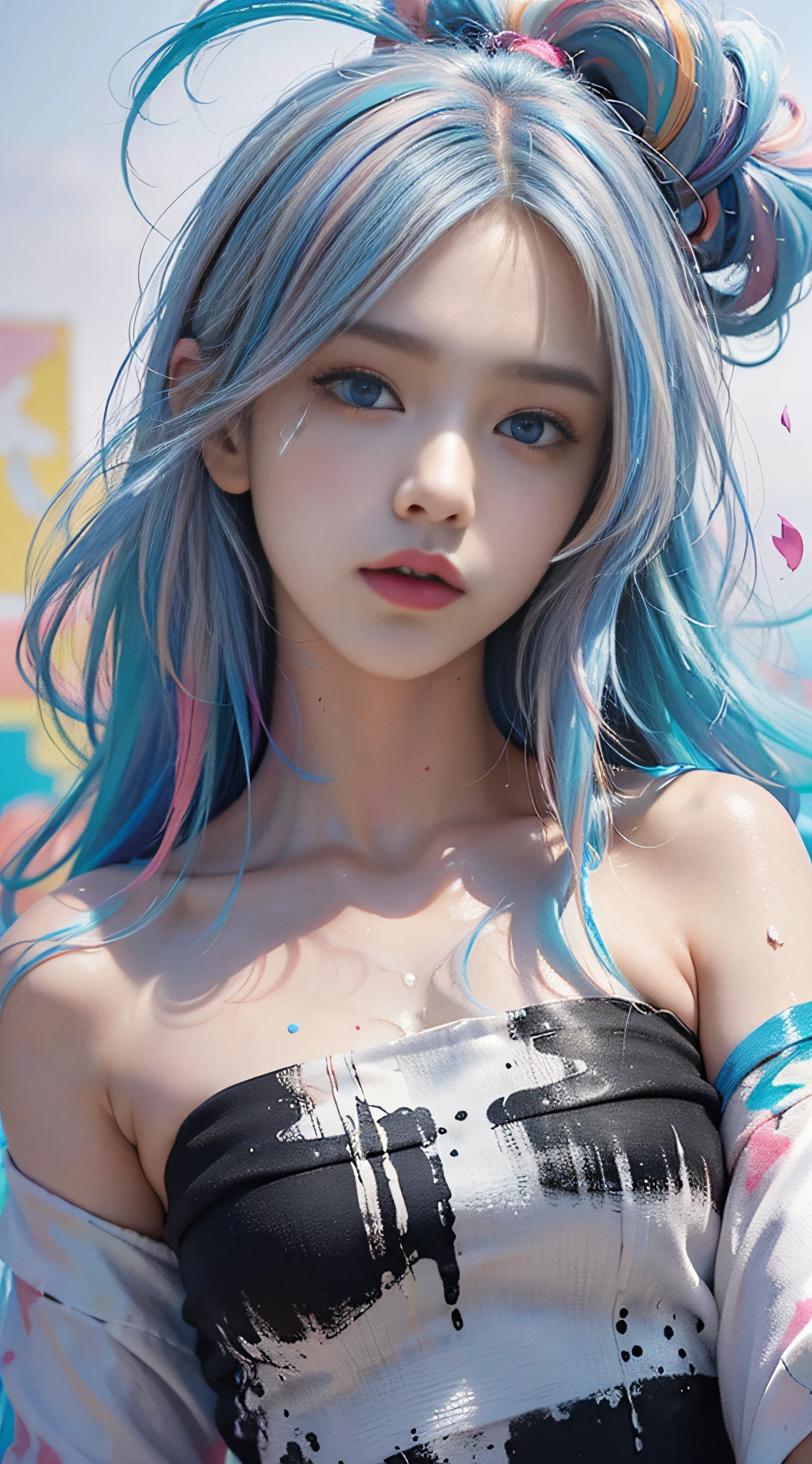 (Pink fashion T-shirt: 1.9), (Colorful hair: 1.8), (Rainbow all colors: 1.8), (((Vertical painting: 1.6))), (Painting: 1.6), Front, manga, illustration, painting, big eyes, crystal clear, (rainbow gradient high ponytail: 1.7), delicate makeup, shut up, (small freshness: 1.5), (bandeau: 1.6), long eyelashes, white off-the-shoulder T- shirt, White Shoulder Shirt, looking at the audience, Big watery eyes, (rainbow hair: 1.6), color splash, (solo:1.8), color splash, color explosion, colour splash, color explosion, thick lacquer style, messy lines, ((shining)), (colorful), (colorful), (colorful), colorful, Thick Paint Style, (Splash) (Color Splash), Vertical Painting, Upper Body, Paint Splash, Acrylic Pigment, Gradient, Paint, Highest Image Quality, Masterpiece, Solo, Depth of Field, Face Paint, colorful clothes, (elegance: 1.2), gorgeous, long hair, wind, (elegance: 1.3), (petals: 1.4), ((masterpiece))), ((best quality))), (ultra-detailed), (illustration), (dynamic angle), (floating), (paint), ((loose hair)), (solo), (1girl), ( ( ( detailed anima face))), (( Beautiful detailed face)), collar, bare shoulders, white hair, ((colored hair)), ((striped hair)), beautiful detailed eyes, (gradient eyes), (colored eyes))), (colored background))), ((high saturation))), ((surrounded by colored splashes))
