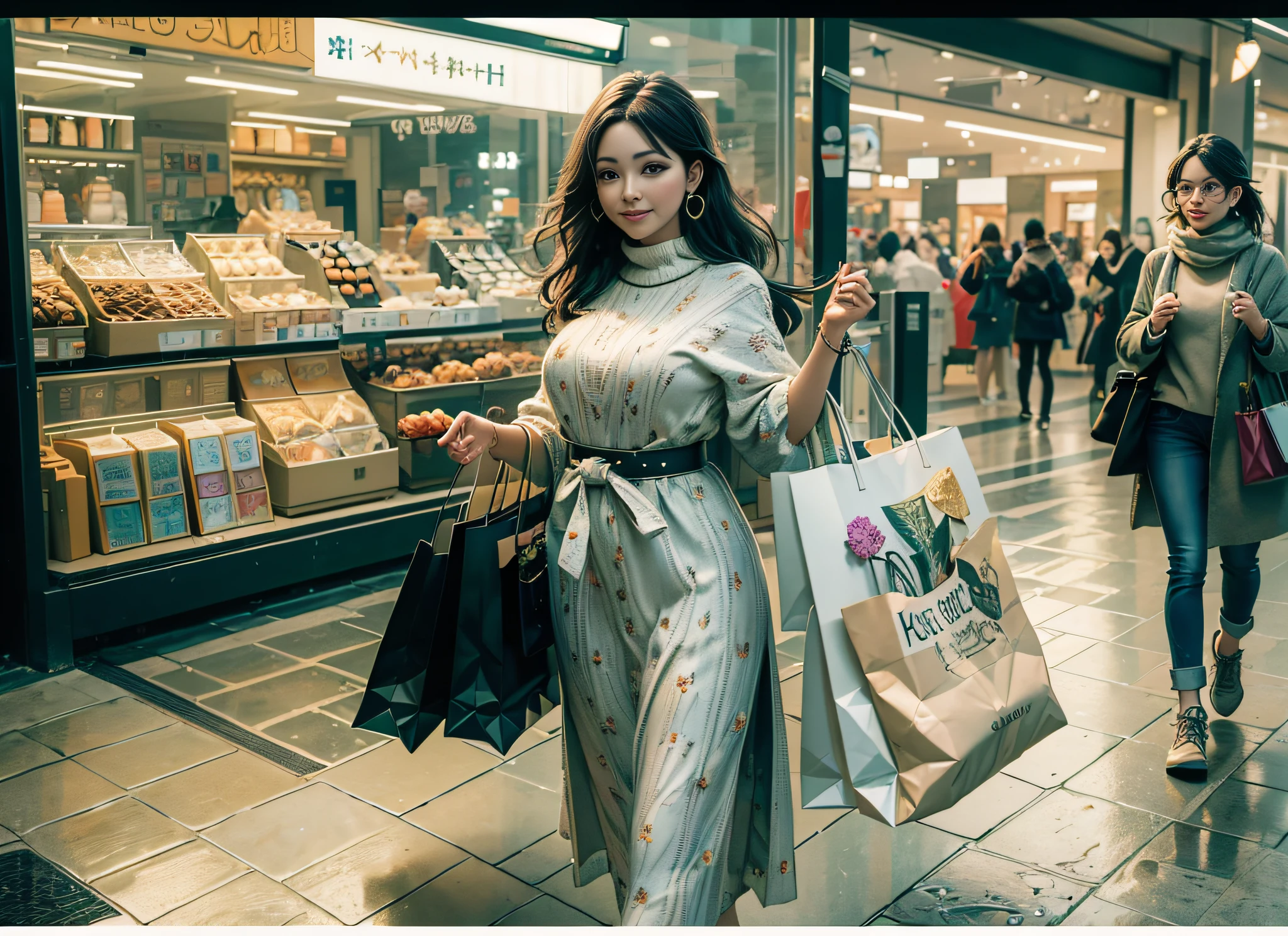(Very fine CG Unity 8k wallpaper, masterpiece, highest quality) In the aisle of the premium shopping festival, she smiled and tried on stylish modern clothes, picked up her favorite color and style shopping bag, and enjoyed this shopping festival full of life and color.