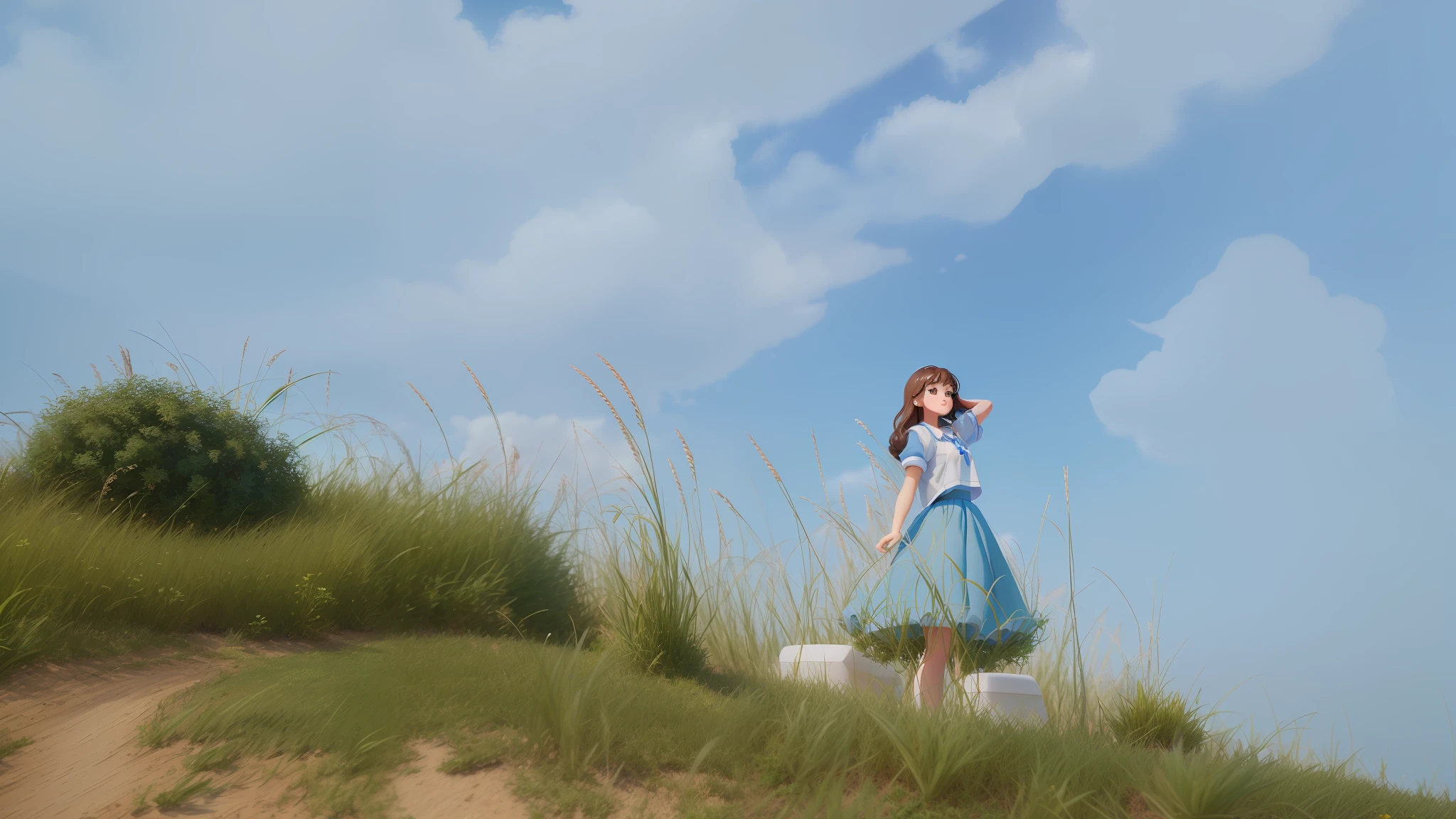 Close up of a girl's figurine, blue sky and white clouds, grassy greenery, blue skirt, white shirt, cute digital painting, cute 3D rendering, cute detailed digital art, disney art style, cute digital art, 3d rendering stylized, brunette girl, disney rendering, disney style art, disney art style, disney animation style, stylized 3D,