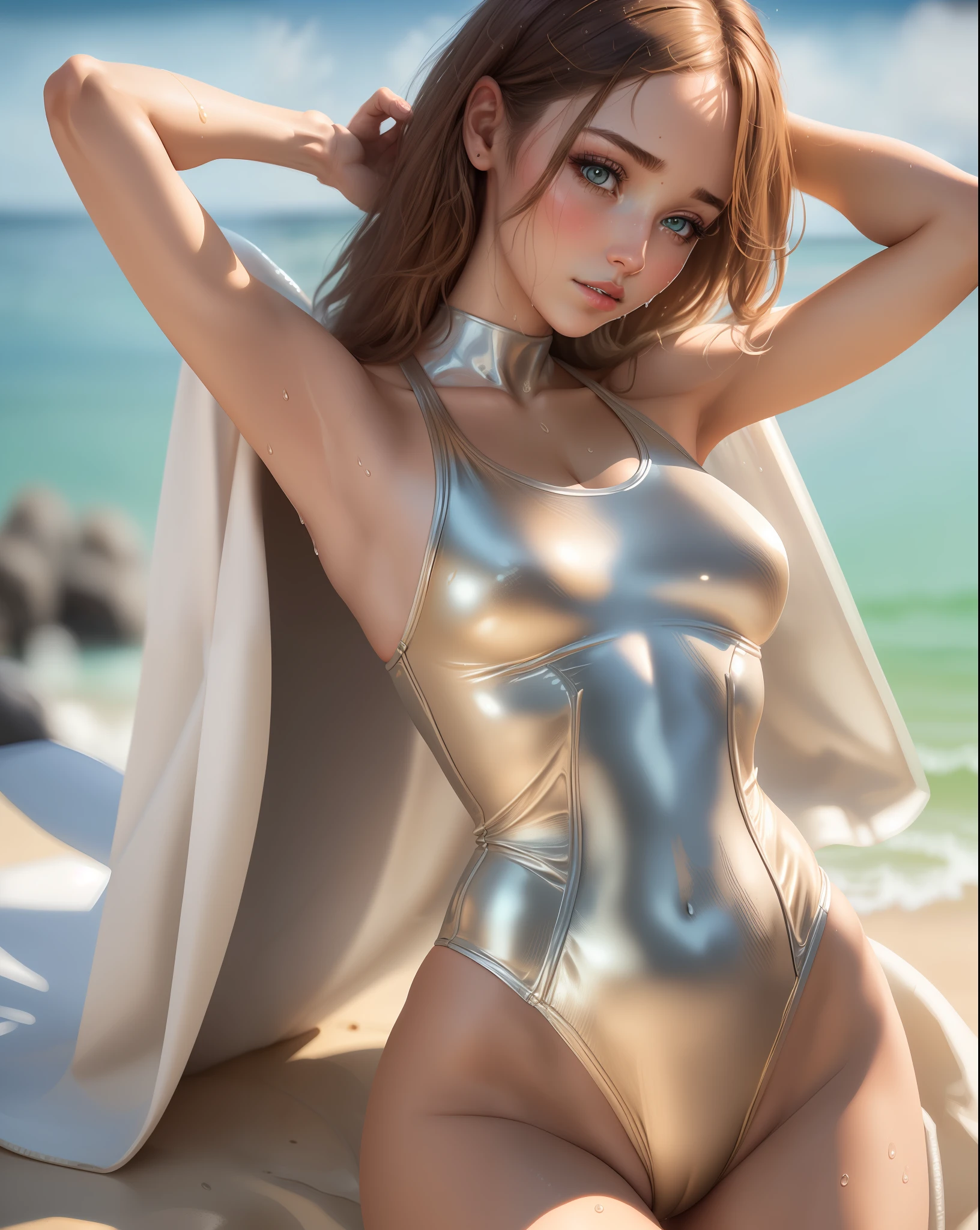 Ultra detailed, RAW, Nikon 85mm, award-winning ((Contents) photo, as a gorgeous 25-year-old Russian young woman on the beach (Maddie Phillips), wearing a skin-tight metallic one-piece swimsuit, (parted lips), (pronounced pubic mound)), thigh gap, thin, fit, ((chiseled abs)), thin hips, petite, (camel toe: 1.5), highly detailed skin , photo_ (Ultra), Photorealistic, Realistic, Post-Processing, Maximum Detail, Large Scale, Details, Hub, TikTok, Makeup, Skin Details, Blush, Nostrils, Roughness, Real Life, Ultra Realistic, Photorealism, Photography, Cry Engine, Ultra Realistic, 8K UHD, Russian Face, Portrait, Character, Octane Rendering, (( Small perky breasts)), (puffy, wet skin, wet hair, perfect anatomy, hand model, super detailed face,