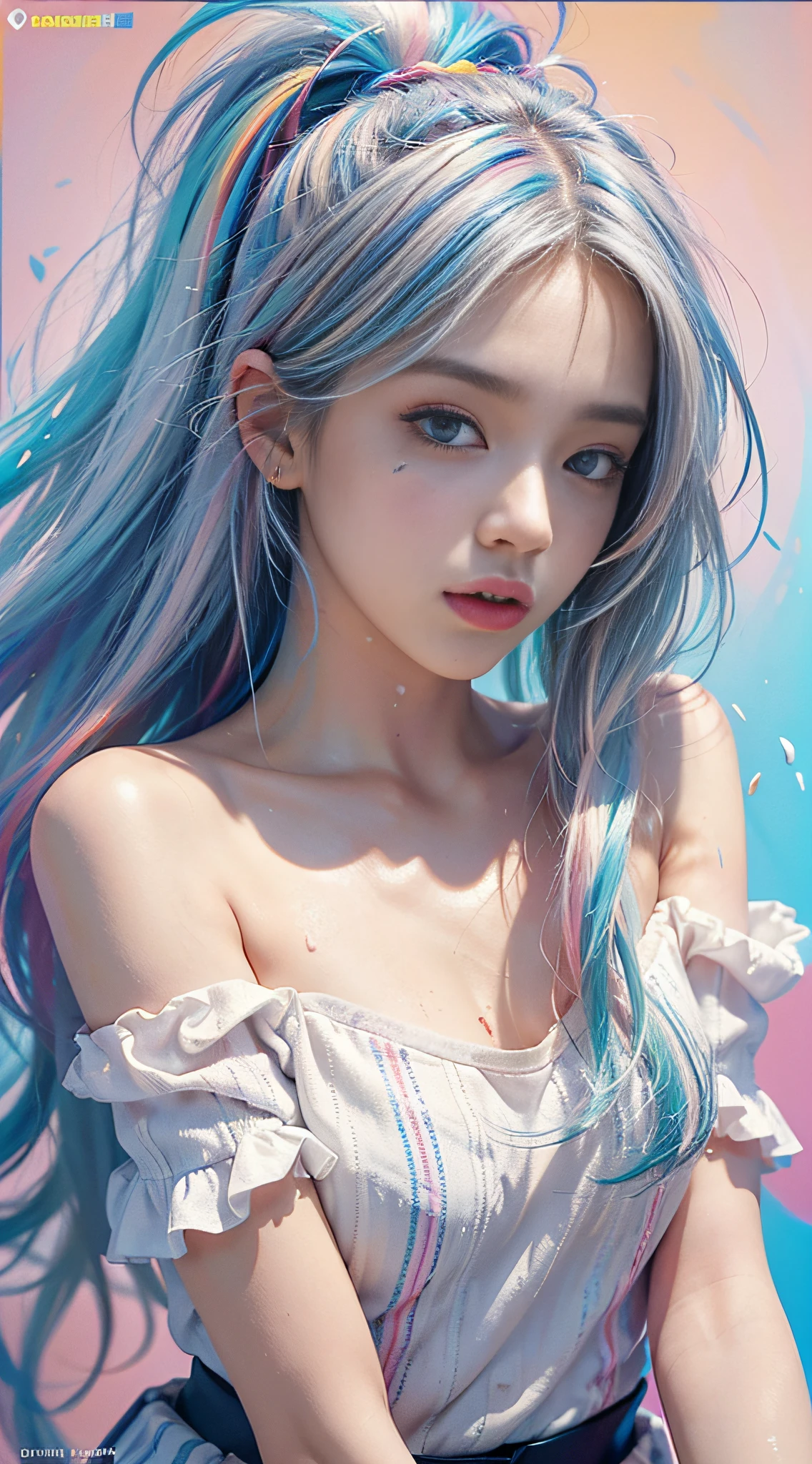 (Pink fashion T-shirt: 1.9), (Colorful hair: 1.8), (Rainbow all colors: 1.8), (((Vertical painting: 1.6))), (Painting: 1.6), Front, manga, illustration, painting, big eyes, crystal clear, (rainbow gradient high ponytail: 1.7), delicate makeup, shut up, (small freshness: 1.5), (bandeau: 1.6), long eyelashes, white off-the-shoulder T- shirt, White Shoulder Shirt, looking at the audience, Big watery eyes, (rainbow hair: 1.6), color splash, (solo:1.8), color splash, color explosion, colour splash, color explosion, thick lacquer style, messy lines, ((shining)), (colorful), (colorful), (colorful), colorful, Thick Paint Style, (Splash) (Color Splash), Vertical Painting, Upper Body, Paint Splash, Acrylic Pigment, Gradient, Paint, Highest Image Quality, Masterpiece, Solo, Depth of Field, Face Paint, colorful clothes, (elegance: 1.2), gorgeous, long hair, wind, (elegance: 1.3), (petals: 1.4), ((masterpiece))), ((best quality))), (ultra-detailed), (illustration), (dynamic angle), (floating), (paint), ((loose hair)), (solo), (1girl), ( ( ( detailed anima face))), (( Beautiful detailed face)), collar, bare shoulders, white hair, ((colored hair)), ((striped hair)), beautiful detailed eyes, (gradient eyes), (colored eyes))), (colored background))), ((high saturation))), ((surrounded by colored splashes))