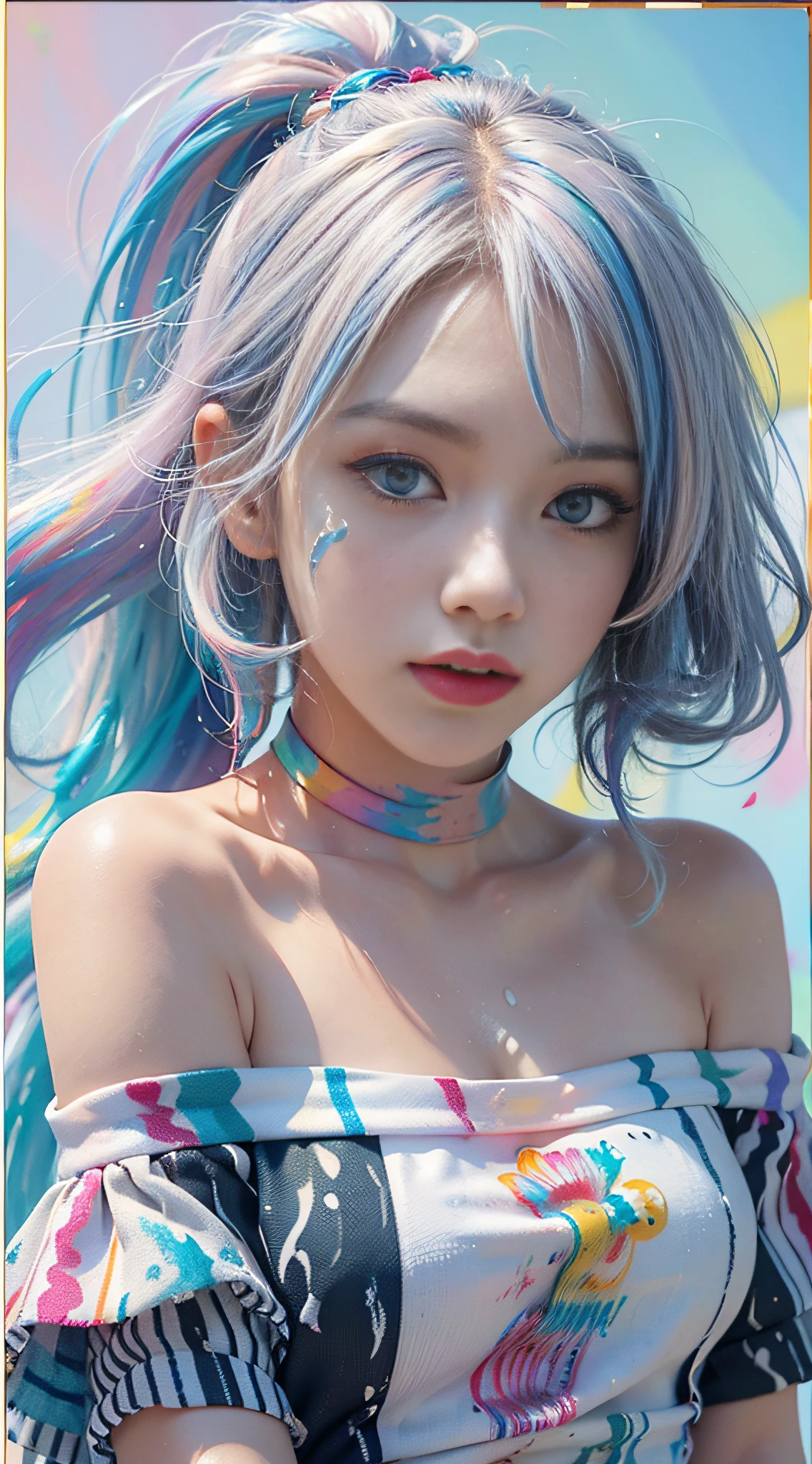 (Pink fashion T-shirt: 1.9), (Colorful hair: 1.8), (Rainbow all colors: 1.8), (((Vertical painting: 1.6))), (Painting: 1.6), Front, manga, illustration, painting, big eyes, crystal clear, (rainbow gradient high ponytail: 1.7), delicate makeup, shut up, (small freshness: 1.5), (bandeau: 1.6), long eyelashes, white off-the-shoulder T- shirt, White Shoulder Shirt, looking at the audience, Big watery eyes, (rainbow hair: 1.6), color splash, (solo:1.8), color splash, color explosion, colour splash, color explosion, thick lacquer style, messy lines, ((shining)), (colorful), (colorful), (colorful), colorful, Thick Paint Style, (Splash) (Color Splash), Vertical Painting, Upper Body, Paint Splash, Acrylic Pigment, Gradient, Paint, Highest Image Quality, Masterpiece, Solo, Depth of Field, Face Paint, colorful clothes, (elegance: 1.2), gorgeous, long hair, wind, (elegance: 1.3), (petals: 1.4), ((masterpiece))), ((best quality))), (ultra-detailed), (illustration), (dynamic angle), (floating), (paint), ((loose hair)), (solo), (1girl), ( ( ( detailed anima face))), (( Beautiful detailed face)), collar, bare shoulders, white hair, ((colored hair)), ((striped hair)), beautiful detailed eyes, (gradient eyes), (colored eyes))), (colored background))), ((high saturation))), ((surrounded by colored splashes))