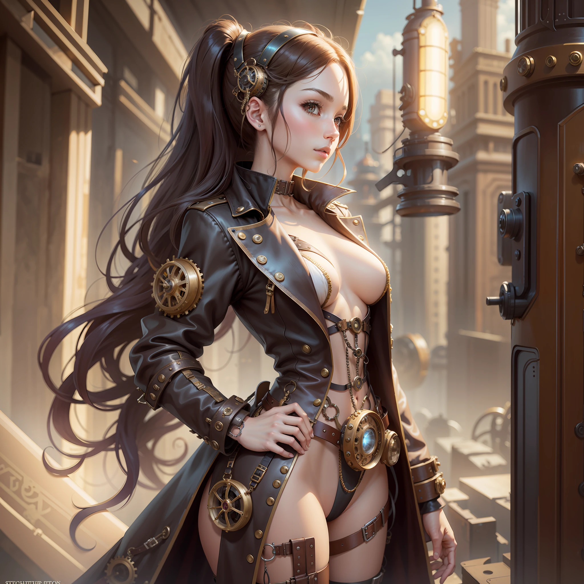 Beautiful full-length young woman, small breasts, anime teen physique, slim teen figure, naked body coat, steampunk details, steampunk elements, steampunk gadgets, side view, ass