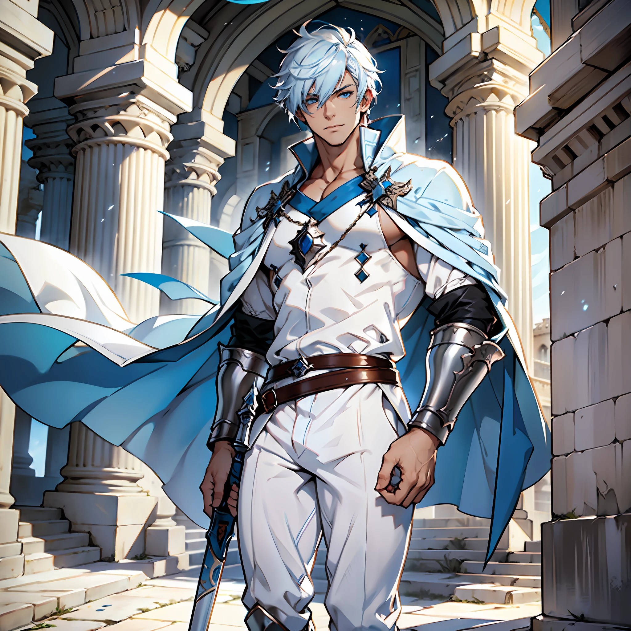 Elegant man, strong physique, white robe, white colored Arabian pants, light blue noble blouse, white boots, messy light blue hair, look of satisfaction, short hair, dark blue colored eyes, noble appearance, holding a silver spear, ancient castle, medieval setting.