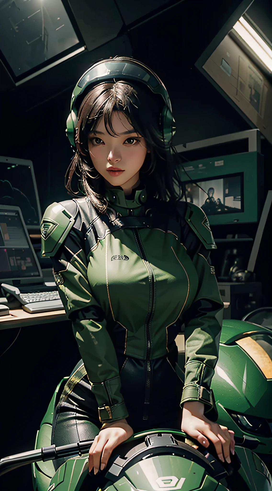 Highest image quality, outstanding details, ultra-high resolution, (realism: 1.4), the best illustration, favor details, highly condensed 1girl, with a delicate and beautiful face, dressed in a black and green mecha, wearing a mecha helmet, holding a directional controller, riding on a motorcycle, the background is a high-tech lighting scene of the future city.