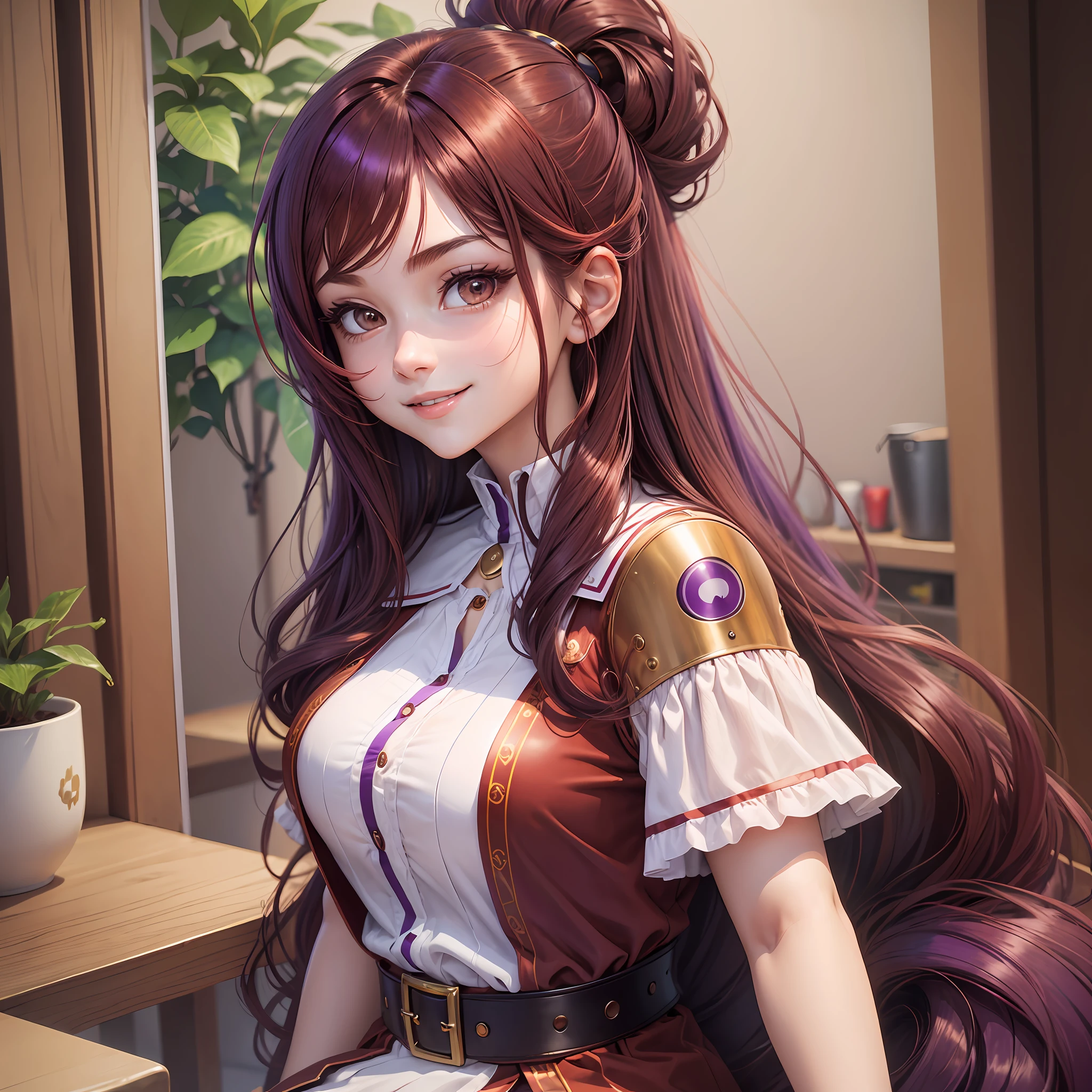 a girl sitting on chair, hair long to her shoulder, dark red colored hair, floating hair NovaFrogStyle, glow skin, smiling face, big eyes with brown colored eyeliner, circular irris, ??????????????, purple colored blouse wearing, 32k res, high performance --auto --s2