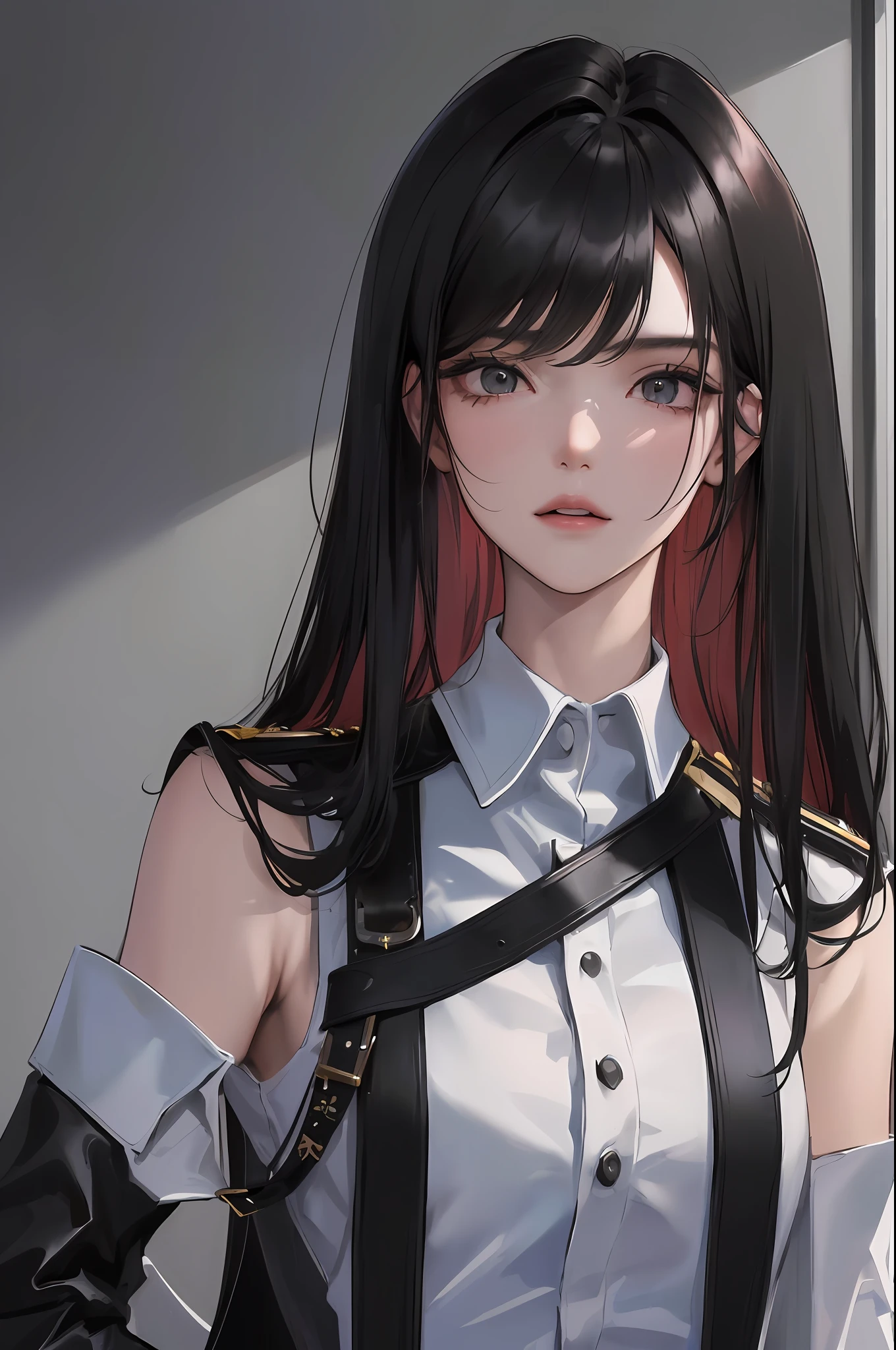 (highest resolution, distinct_image) best quality, woman, masterpiece, high detail, semi-realistic, short black hair, black hair, bangs, 21 years old, shoulder-length hair, mature, young, black clothes, black uniform, military academy beauty heroic heroic posture interior background exquisite and exquisite facial features