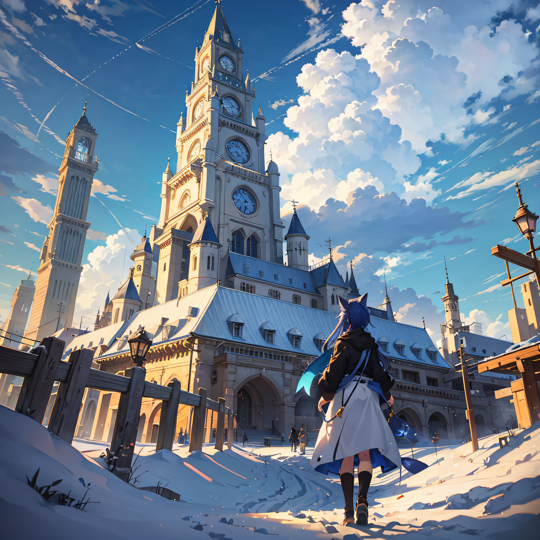 An anime landscape of a city with a tower, a person walking on a snowy path, the sky of the universe. Author: Makoto Shinkai, beautiful anime scene, Makoto Shinkai Cyril Rolando, anime background art, beautiful anime scenery, anime art wallpaper 4k, anime art wallpaper 4k, 4k anime wallpaper, anime wallpaper 4k, anime wallpaper 4k two-dimensional under the stars girl fox Ji 2k spirit fox front photo --auto --s2