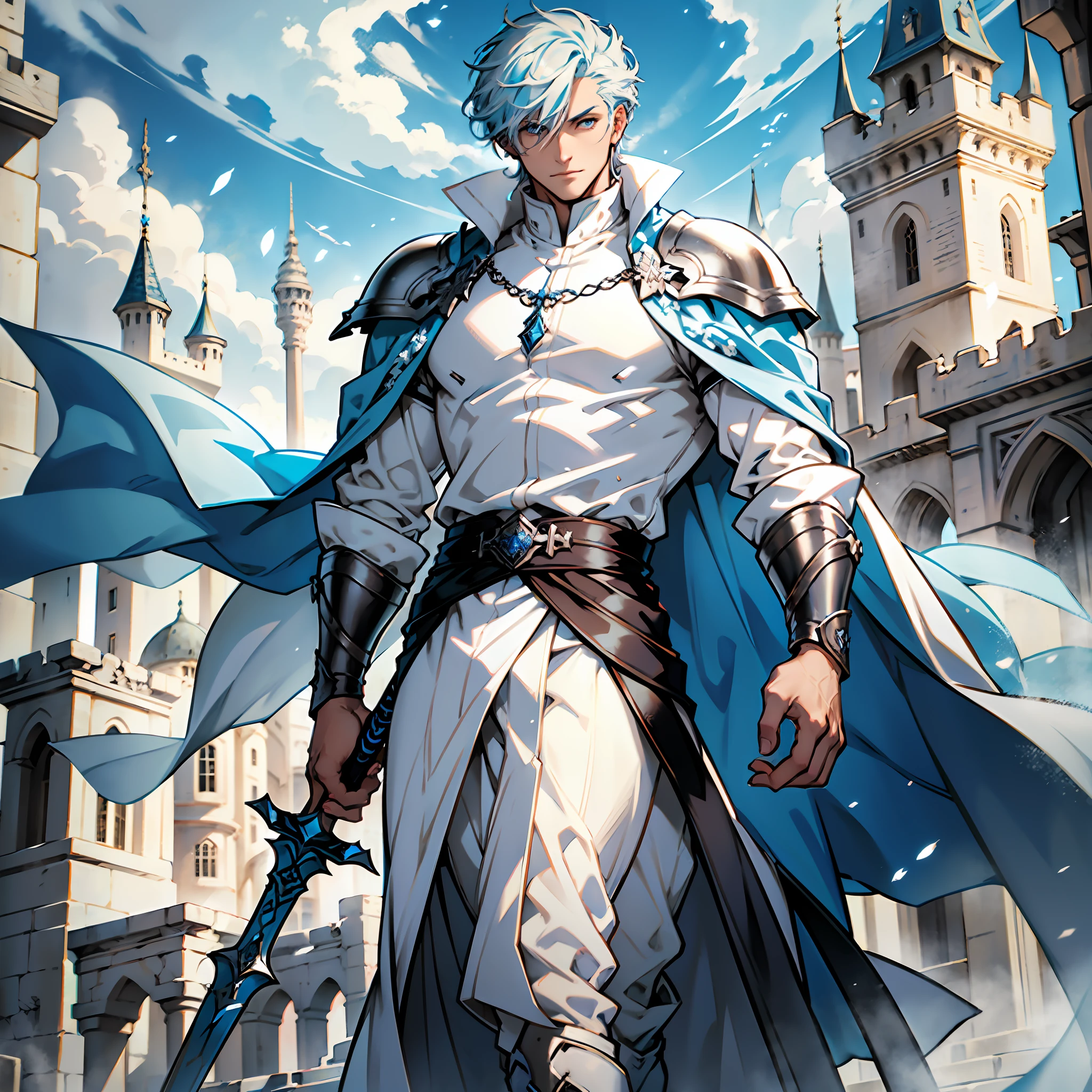 Elegant man, strong physique, white robe, white colored Arabian pants, light blue noble blouse, white boots, messy light blue hair, look of satisfaction, short hair, dark blue colored eyes, noble appearance, holding a silver spear, ancient castle, medieval setting.