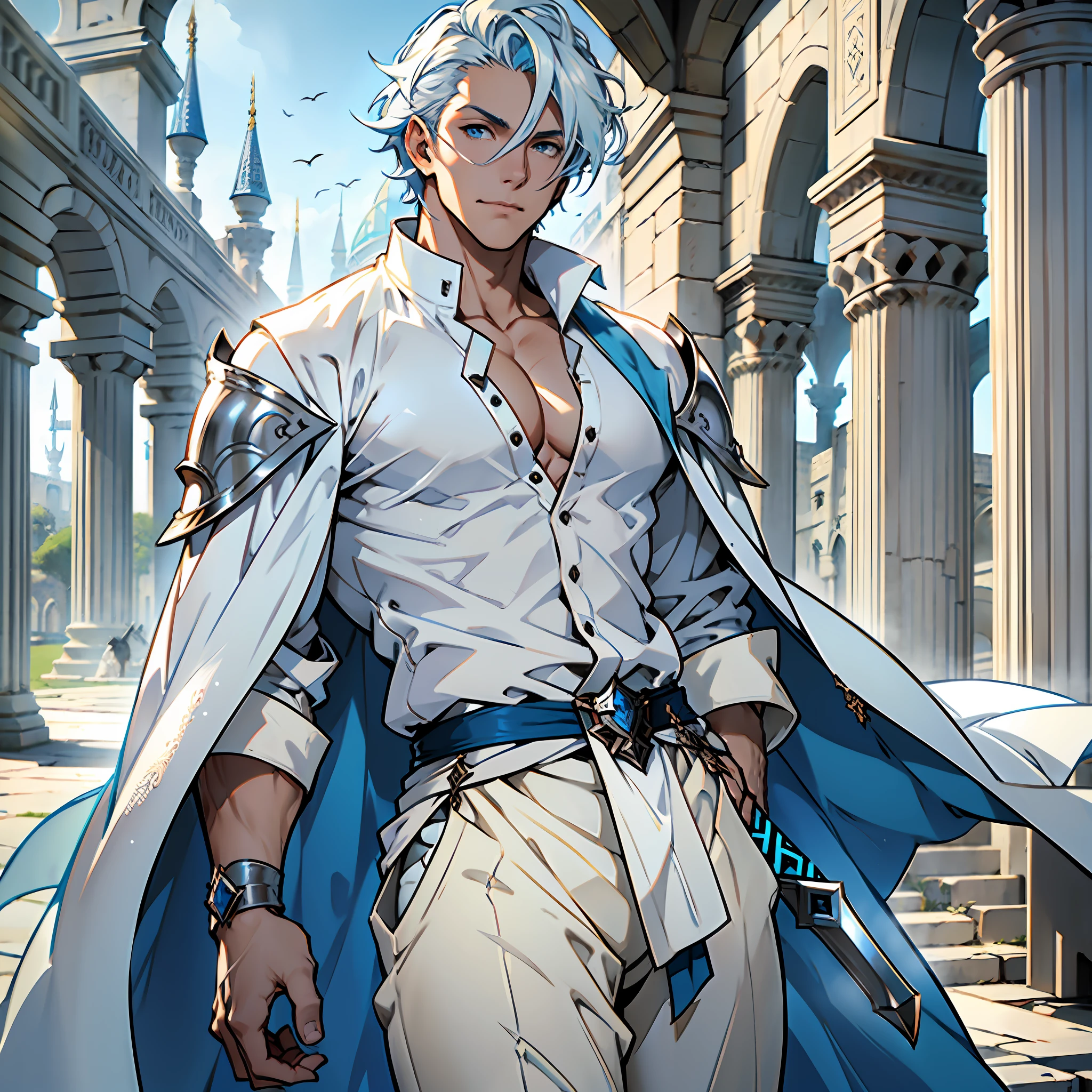 Elegant man, strong physique, white robe, white colored Arabian pants, light blue noble blouse, white boots, messy light blue hair, look of satisfaction, short hair, dark blue colored eyes, noble appearance, holding a silver spear, ancient castle, medieval setting.