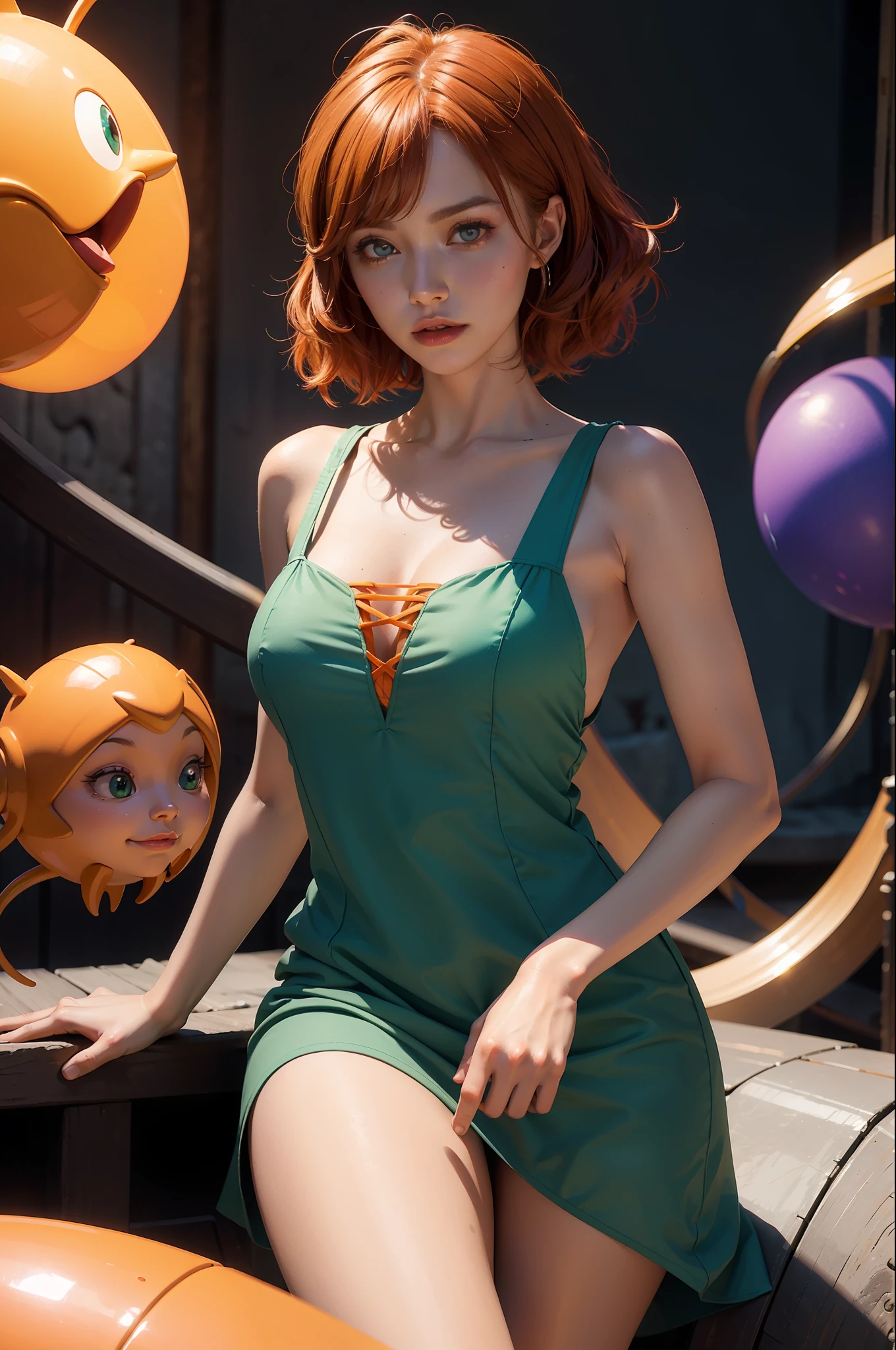 concept art, overhead angle of a Will-o'-the-wisp, wearing Funny Somali Emerald deep orange Pinafore, Caramel hair styled as Short hair, fluorescent purple Hair tie, equirectangular 360, Highres,  [(art by Willi Baumeister:1.1), (art by John T. Biggers:1.2)::17], official art, unity 8k wallpaper, ultra detailed, aesthetic, masterpiece, best quality, photorealistic