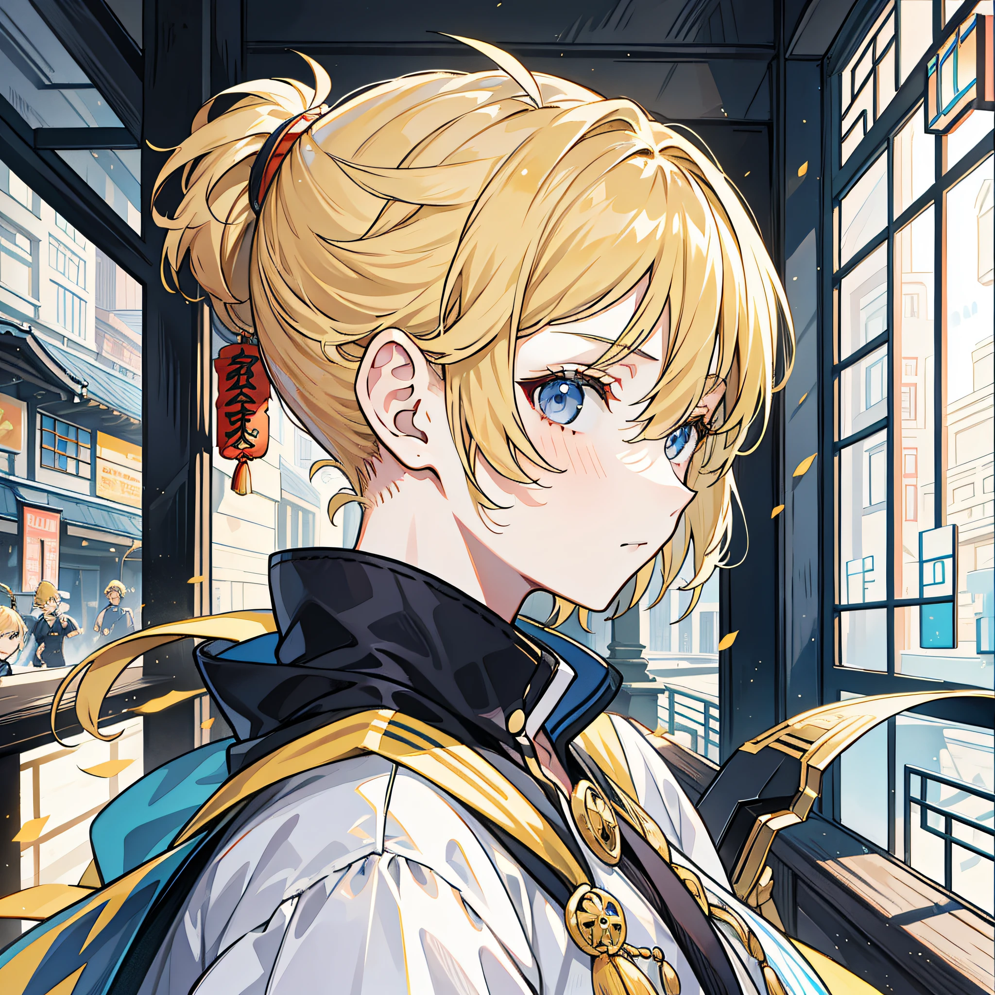 Masterpiece, high quality, 1boy, looking at the audience, East Asian architecture, JW3, short hair, ponytail, hair hair more than one eye, hair hair on shoulder, blonde hair, weapon on back