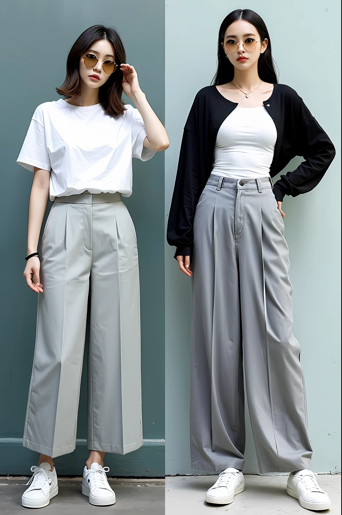 Black T-shirt, white shoes and gray wide-leg pants, green sunglasses.
