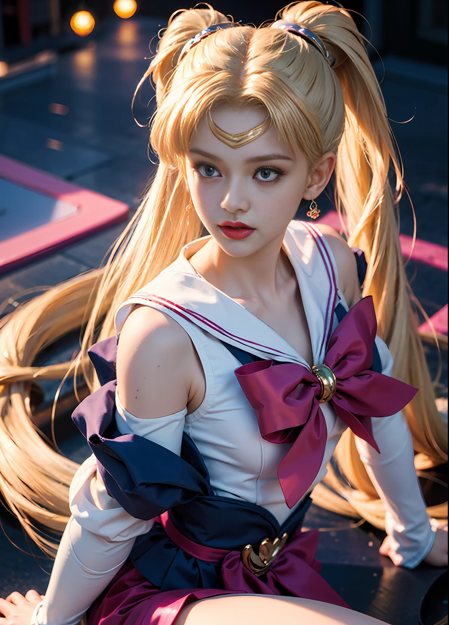 ((Masterpiece)), (Best Quality), (Ultra Detailed), ((Very Detailed)), 4K, (8K), Sailor Moon, Long Blonde Hair, Double Ponytail, Sailor Moon Aesthetics, Dream Core,
