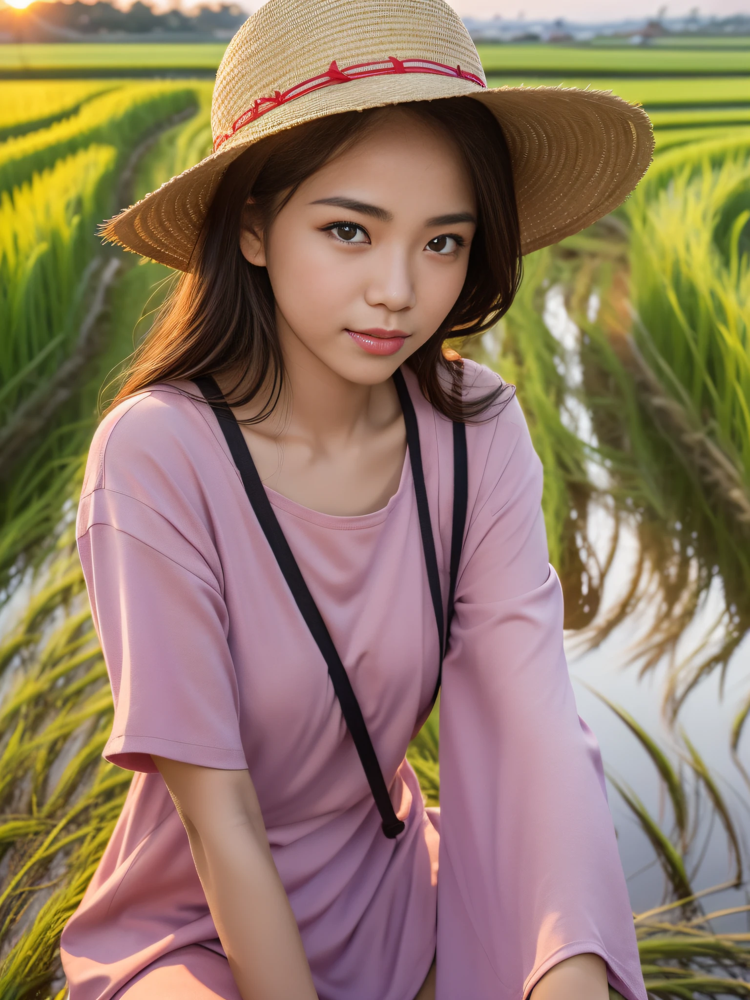 One evening after rain, red sunset and sunset, in a meandering rice field, there is a beautiful girl, dressed in plain clothing, there is a reflection of the sunset in the rice field, a basket straddling her arm, close-up of people, portrait above knee, photo above knee