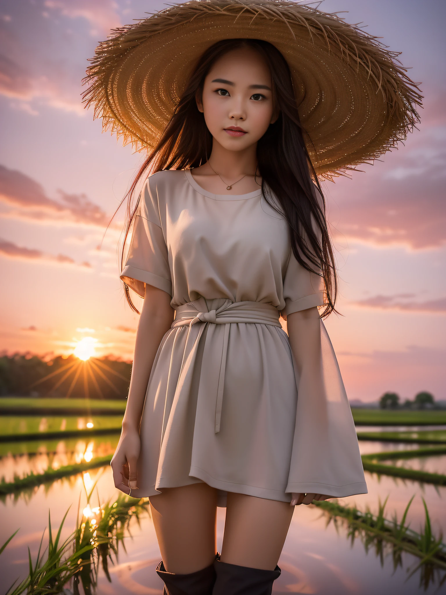 One evening after rain, red sunset and sunset, in a meandering rice field, there is a beautiful girl, dressed in plain clothing, there is a reflection of the sunset in the rice field, a basket straddling her arm, close-up of people, portrait above knee, photo above knee
