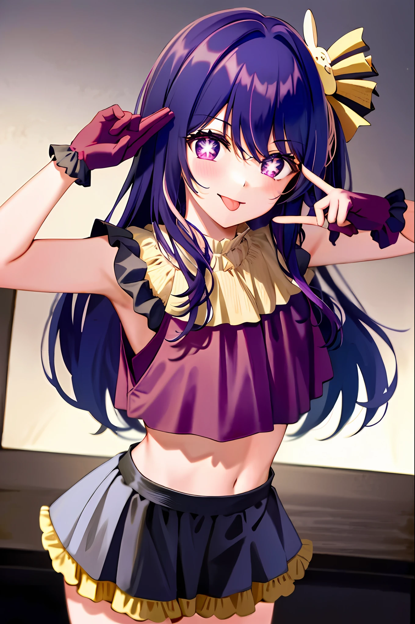 1girl, full body, cowboy shot,
(Rembrandt), illustration, (masterpiece), (best quality), (ultra_detailed), finely detail, (Depth of field),
HshinoAi,gloves, tongue out, tongue, long hair, star \(symbol\), looking at viewer, (purple hair:1.2), purple eyes, upper body, hair ornament, :p, frills, pink shirt, smile, sleeveless,  idol, symbol-shaped pupils,  bangs, one side up, star-shaped pupils,
Roaring Twenties, isometric, from above, sky, flower, cliff,
medium breasts,  (bent over ), (wearing loose low-cut top), (oversized shirt ),