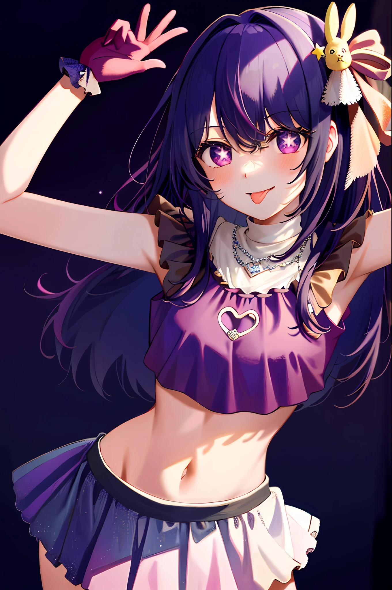 1girl, full body, cowboy shot,
(Rembrandt), illustration, (masterpiece), (best quality), (ultra_detailed), finely detail, (Depth of field),
HshinoAi,gloves, tongue out, tongue, long hair, star \(symbol\), looking at viewer, (purple hair:1.2), purple eyes, upper body, hair ornament, :p, frills, pink shirt, smile, sleeveless,  idol, symbol-shaped pupils,  bangs, one side up, star-shaped pupils,
Roaring Twenties, isometric, from above, sky, flower, cliff,
medium breasts,  (bent over ), (wearing loose low-cut top), (oversized shirt ),