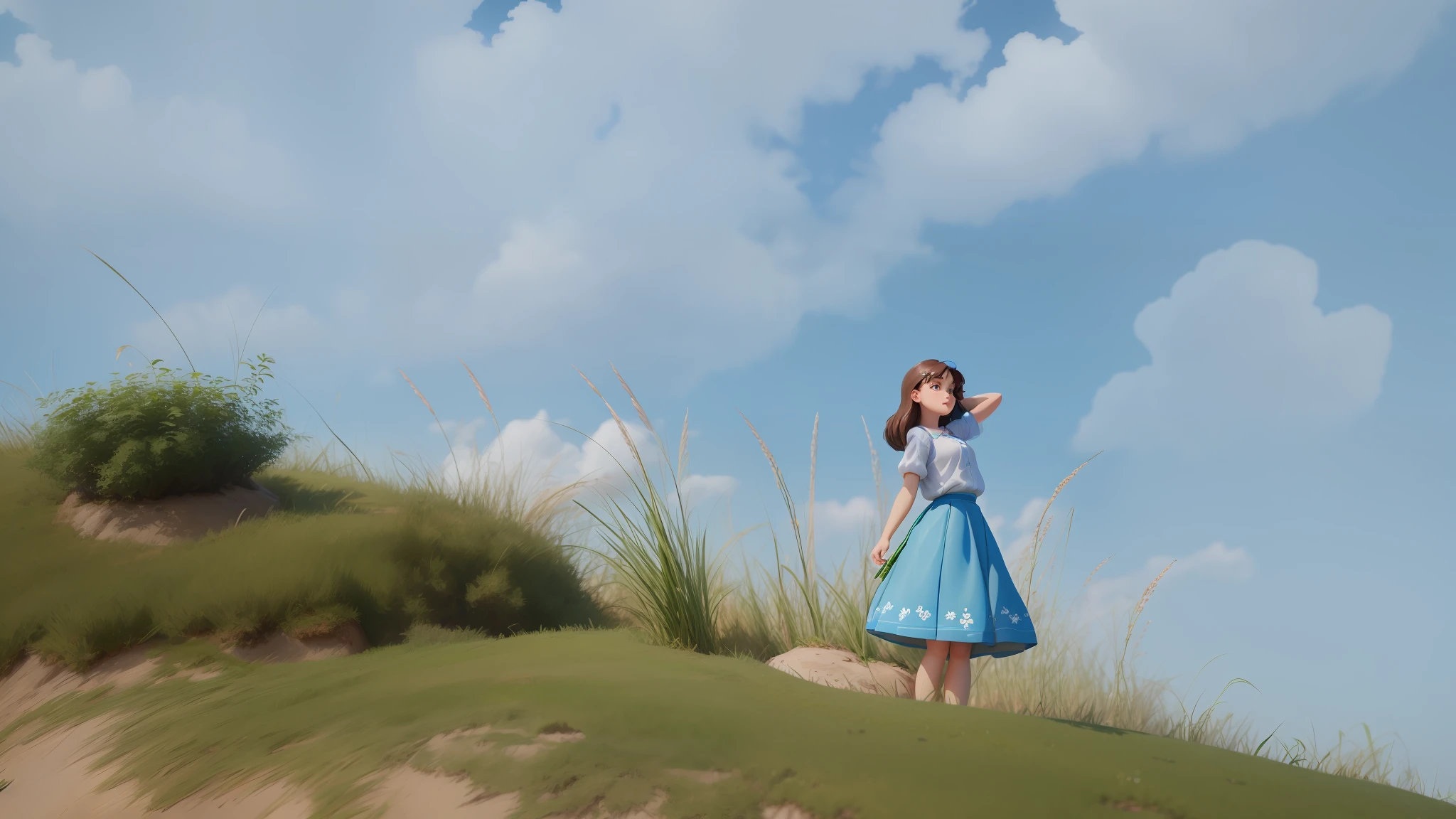 Close up of a girl figurine, blue sky and white clouds, grass greenery, blue skirt, white shirt, cute digital painting, cute 3D rendering, cute detailed digital art, disney art style, cute digital art, 3d rendering stylization, brunette girl, disney rendering, disney style art, disney art style, disney animation style, stylized 3d, add face details