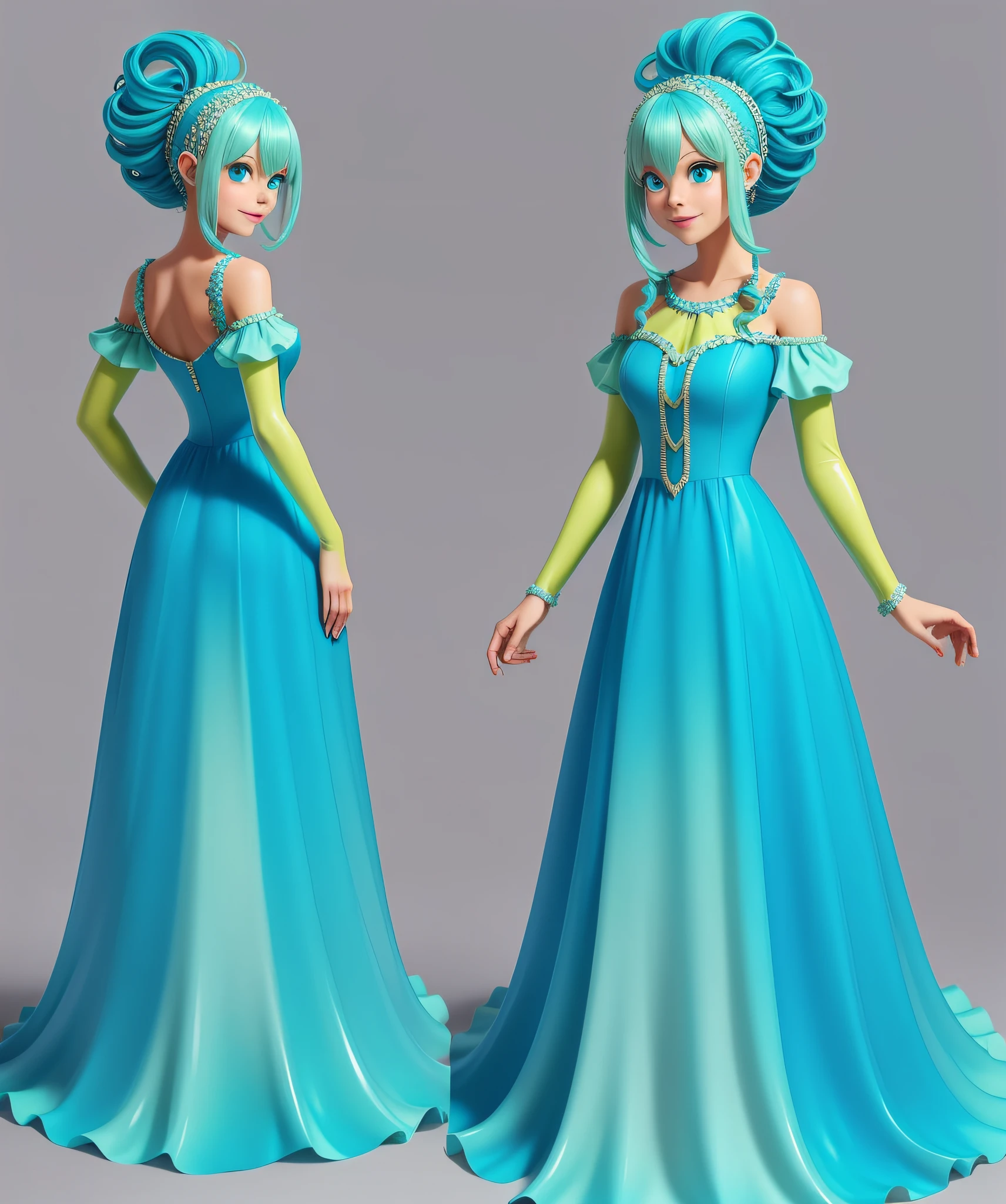 Slime Girl, Slime hair Feathered hair Style, Aero Blue, wearing a modest dress, Masterpiece, Best Quality