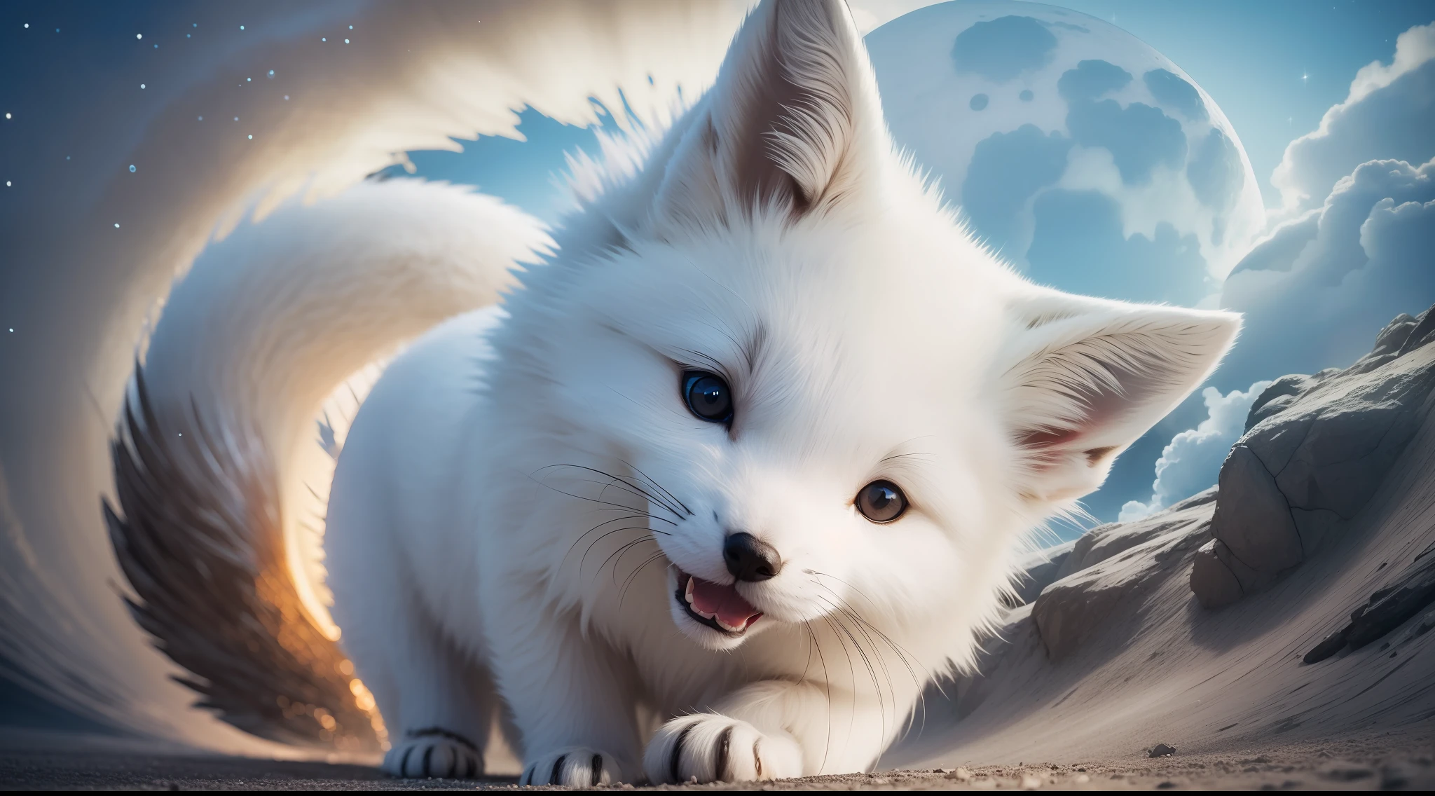 Super huge little white fox, Q version, cute, cute, big eyes, look at me and smile, nine tails, long roar up to the sky, moon, night scene, tumbling heavy sea of clouds at your feet, high mountains, stereoscopic perspective, master works, super fine, 4k resolution, high quality, movie lighting, high picture detail, dynamic perspective, detailed, epic shooting